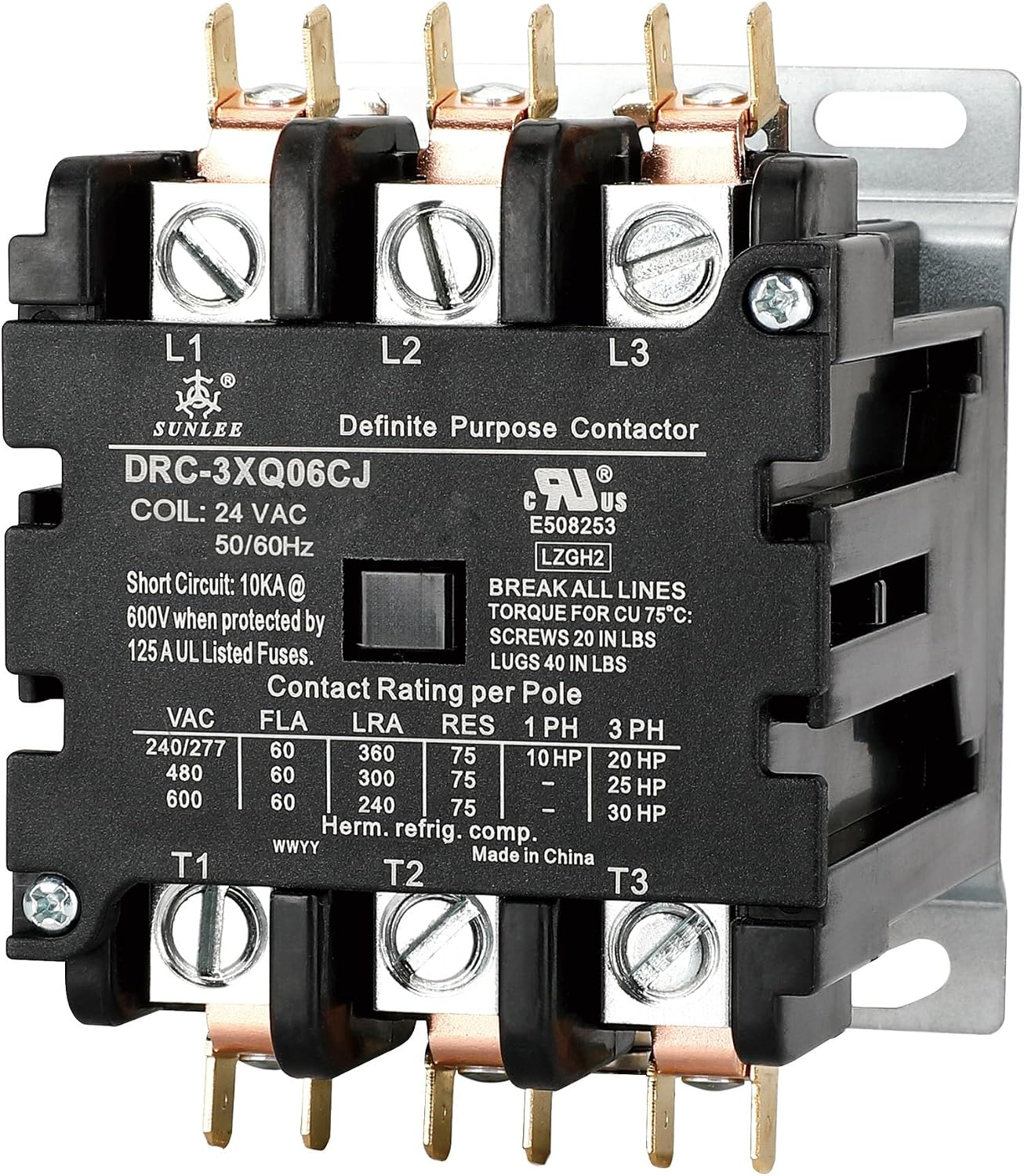 SUNLEE 60 Amp 3 Pole Contactor 24V Coil Definite Purpose Contactor A2L Compliant UL Recognized & Approved for UL 60335 HVAC Contactor 42EF35AJ Equivalent NEMA