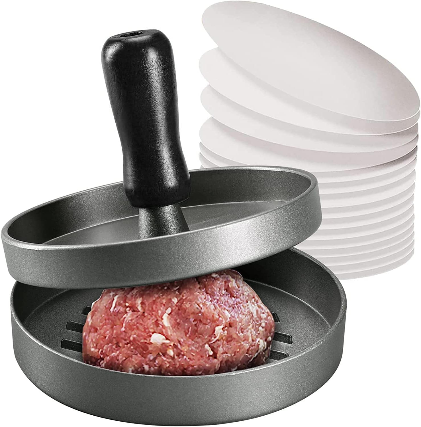 Burger Press & 100 Wax Paper Non-Stick Meat Patty Hamburger Maker for Making Quarter Lb or Large 1/3 Pound Stuffed Pocket Burgers, Aluminum for BBQ Grill