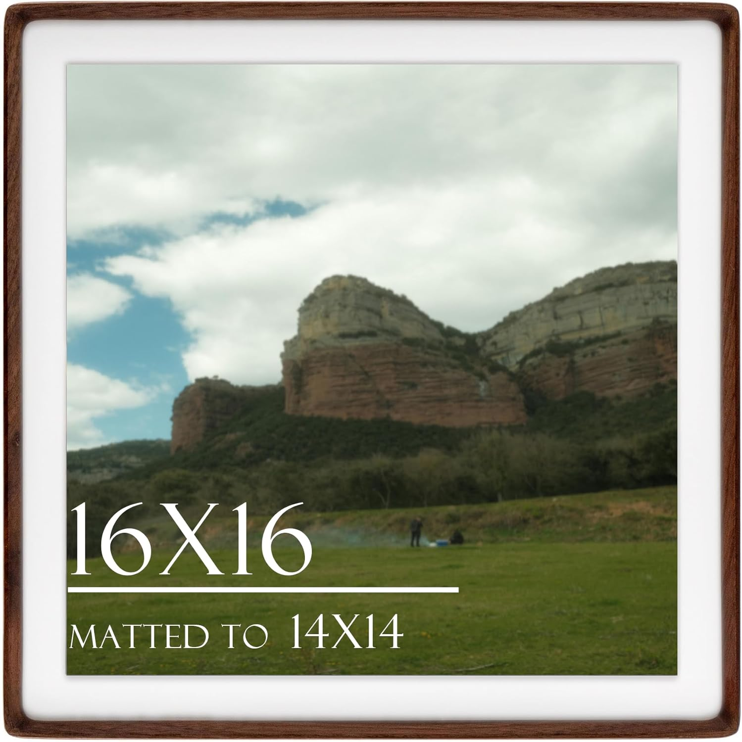 16X16 Square Picture Frame in Natural Walnut Wood, Solid Wooden Frames Matted to 14X14, Gallery Frames for Wall Mount