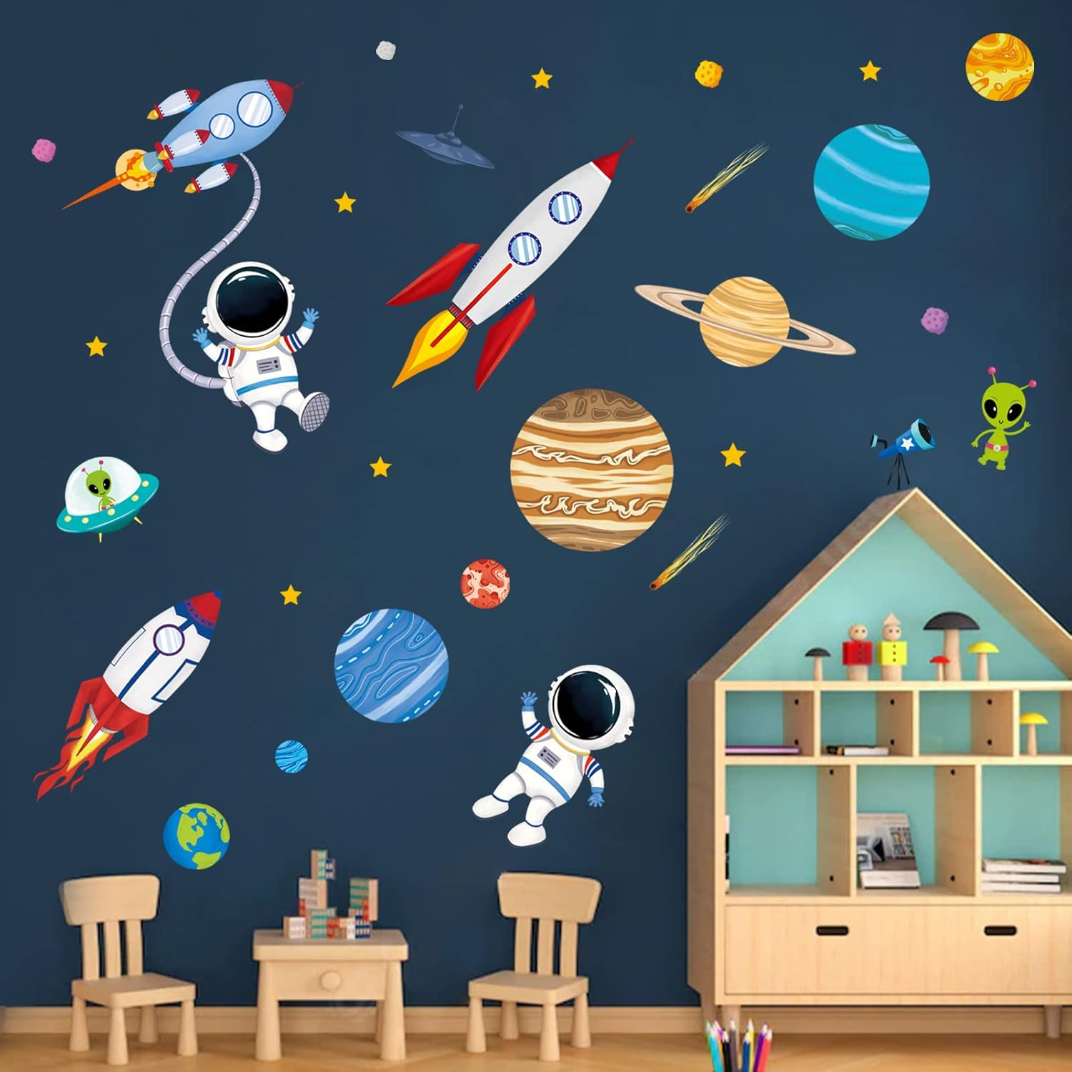 Outer Space Wall Decals Rocket Planets Astronaut Wall Stickers Baby Nursery Boys Bedroom