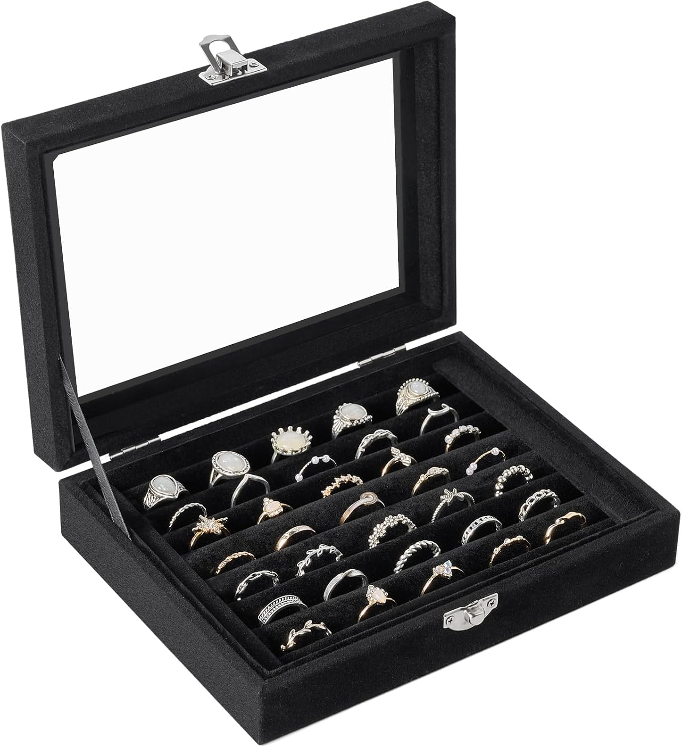 Velvet Ring Organizer Box, 7 Slots Jewelry Holder with Glass Lid Earring Display Tray Storage Case Gift for Women and Girls (Black)