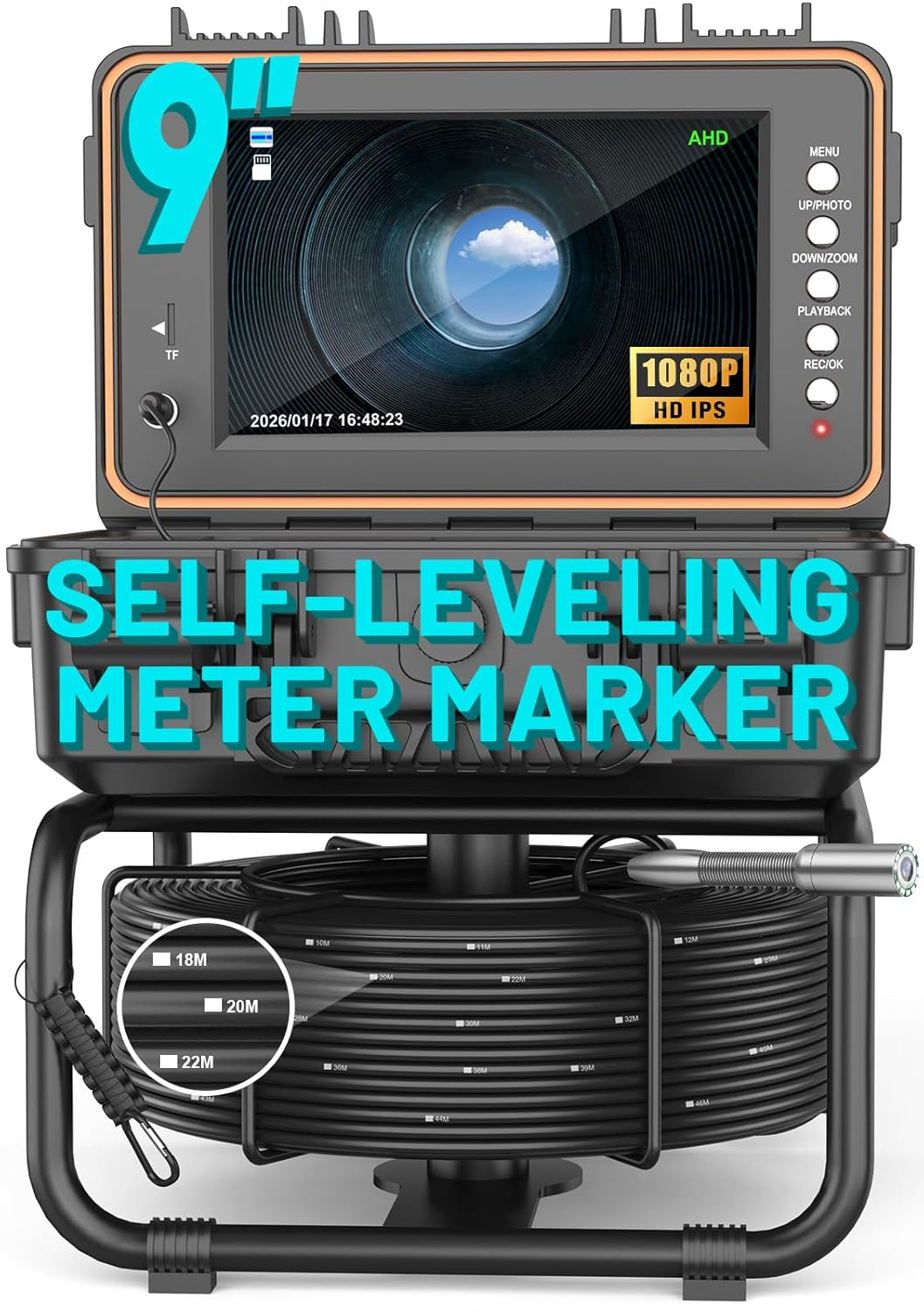 Sewer Camera Self Leveling 100Ft, Sewer Inspection Camera with Meter Marker,Hd Screen, DVR, 12 Adjustable LED Lights, 5Mm Cable, 5100Mah Rechargeable Battery, 32GB Card