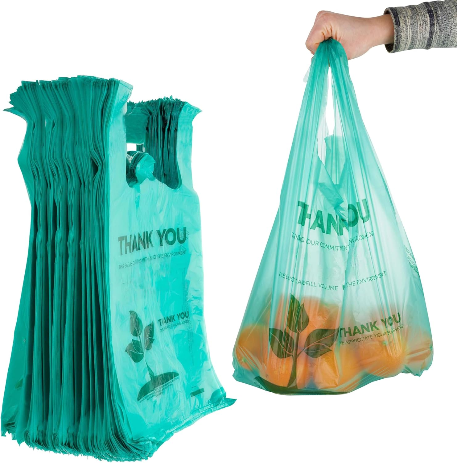 Eco Grocery Bags (100 Count) Grocery Bags - Reusable Supermarket Thank You Shopping Bags, Recyclable T Shirt Bags, Small Trash Can Bags