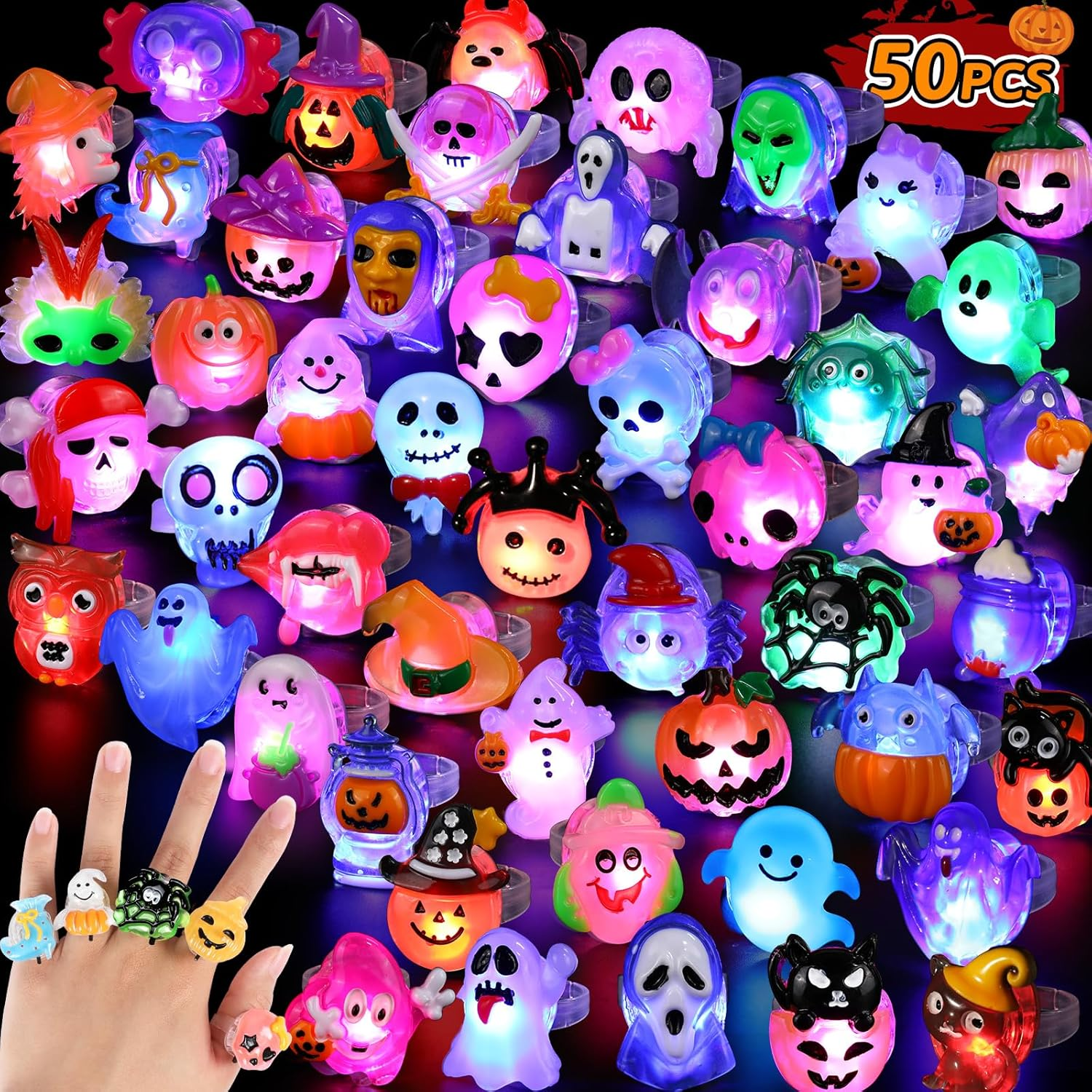 50Pcs 3D Halloween Treats Toys Light up Rings Gifts Halloween Party Favors