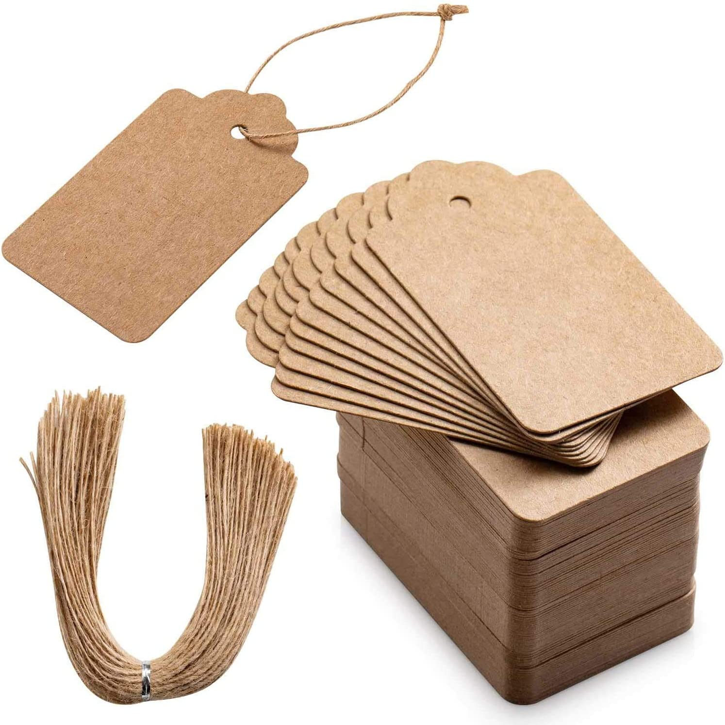 100Pcs Premium Gift Tags, Double-Sided Available Kraft Paper Price Tags with 100 Root Natural Jute Twine, Craft Labels Treats for Wedding Christmas Day Thanksgiving