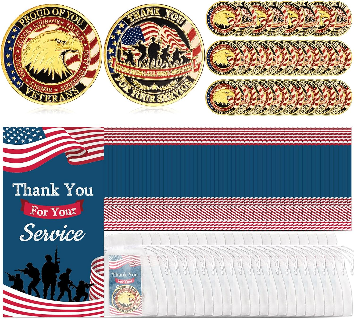 100 Pcs Military Challenge Coins Veterans Day Bulk Thank You Cards Bags