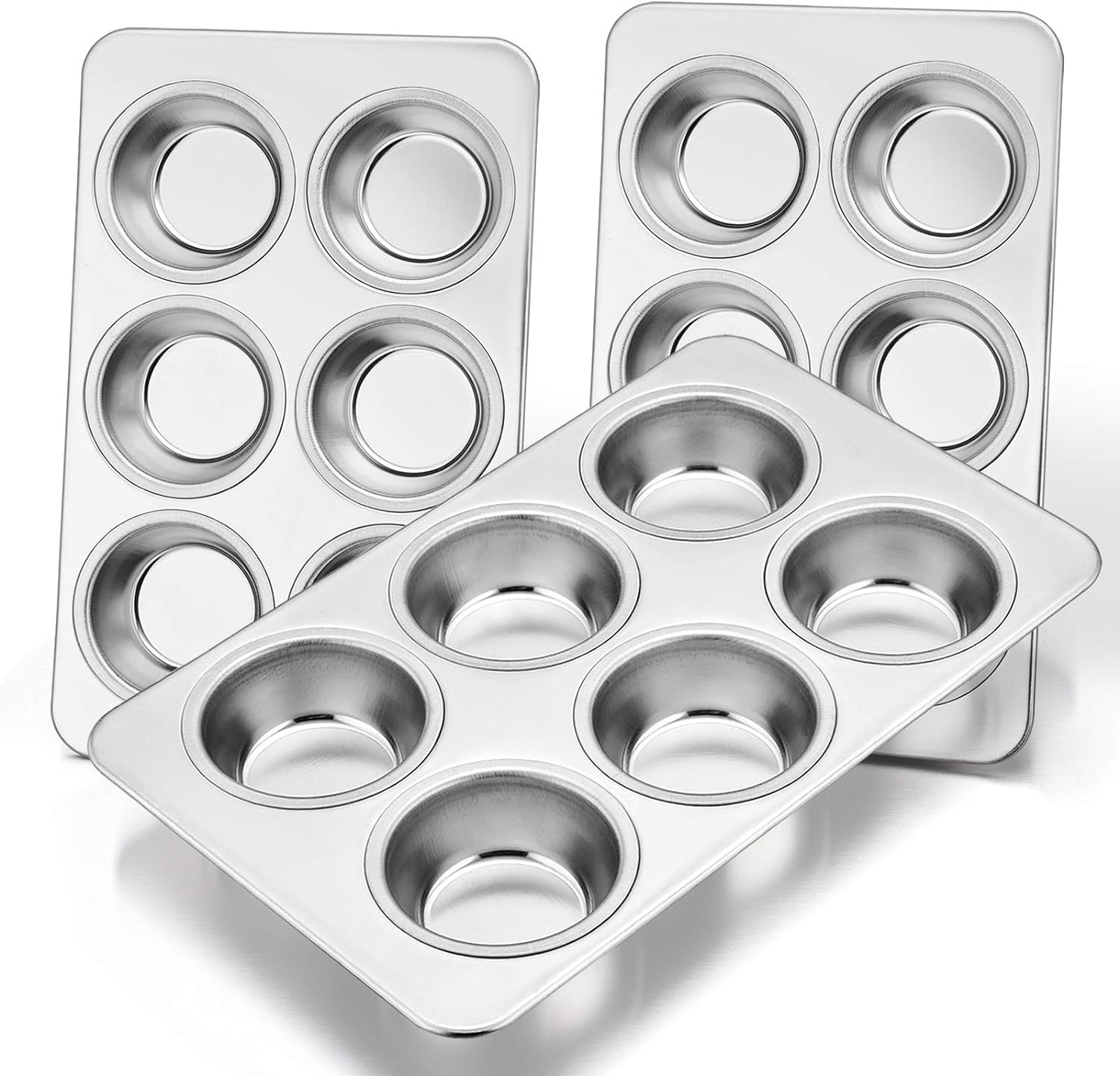 Muffin Pan Set of 3, Stainless Steel Muffin Pan Tin for Baking, 6-Cup Metal Cupcake Pan Tray, Non-Toxic & Healthy, Oven & Dishwasher Safe, Regular Size - 11.44 X 7.12 X 1.25 Inch