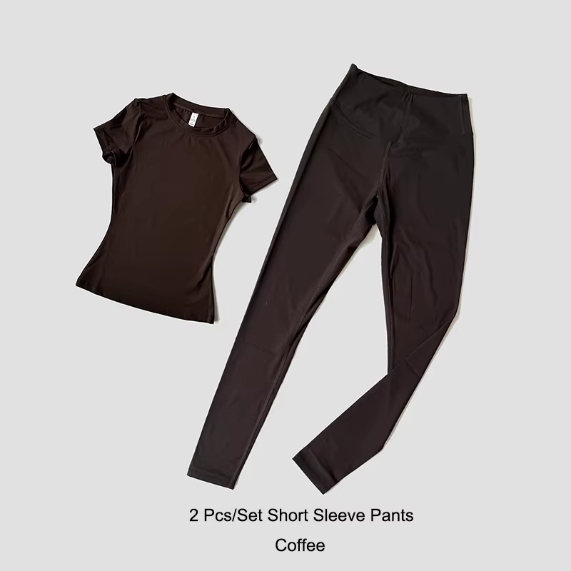 Quick-Drying Gym Leggings Set Sport Suit Short Sleeve Breathable Stretchy Slim Fitness Active Top Tight Gym Set