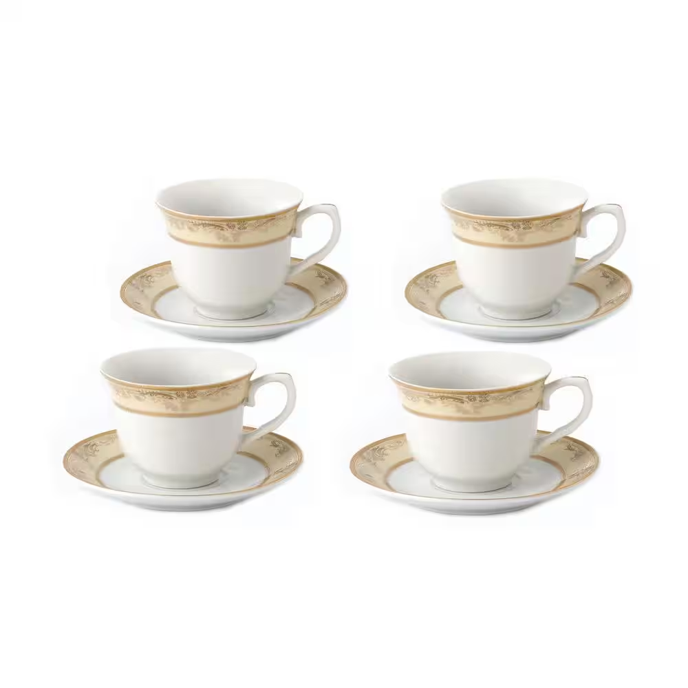 Lorren Home 8 Oz. Porcelain Tea/Coffee Set Set for 4-Gold Floral