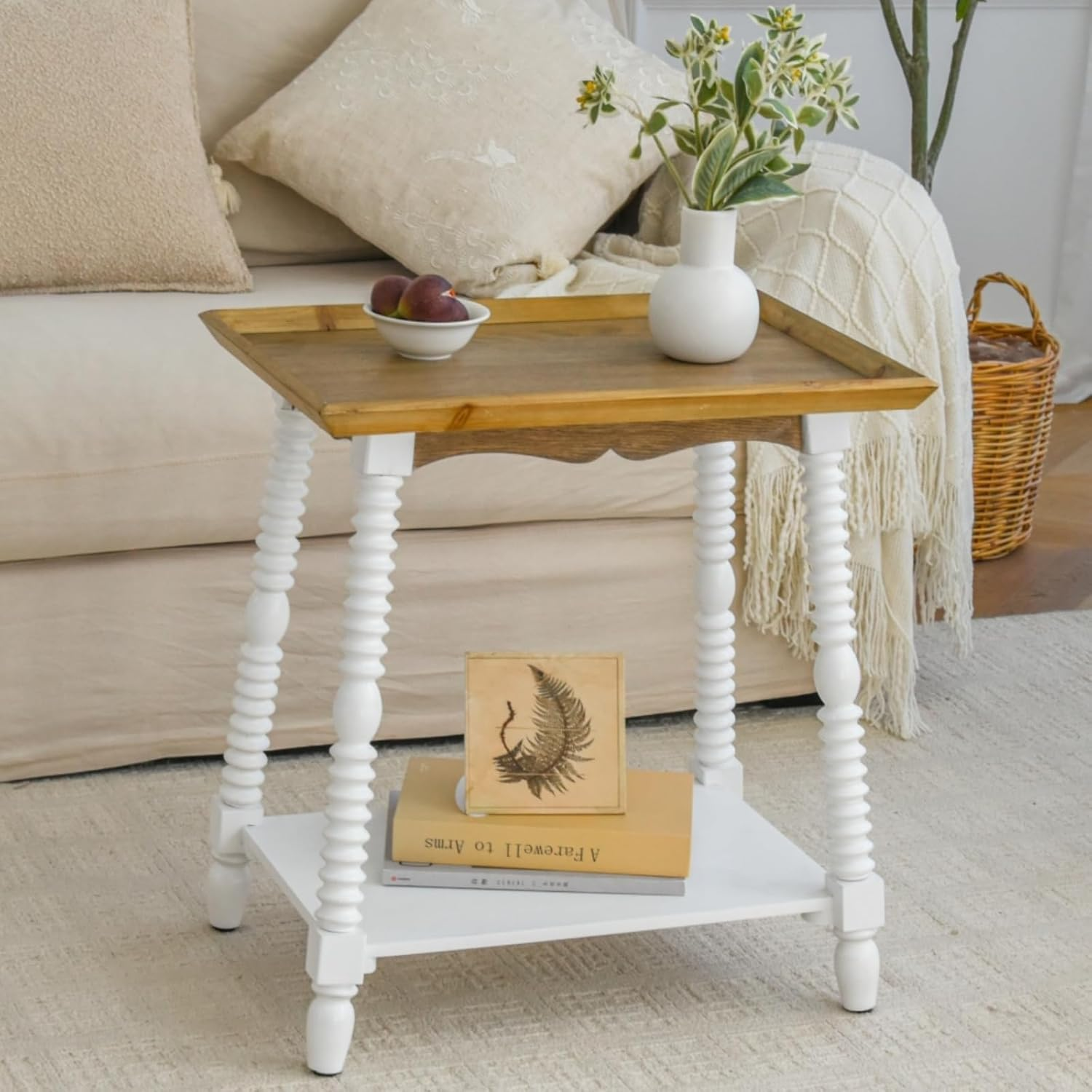 End Table, Narrow Side Table with 2-Tier Storage, Vintage Wood Side Table with Raised Edge Top, Nightstand Accent Table for Living Room, Bedroom, Small Spaces, 22