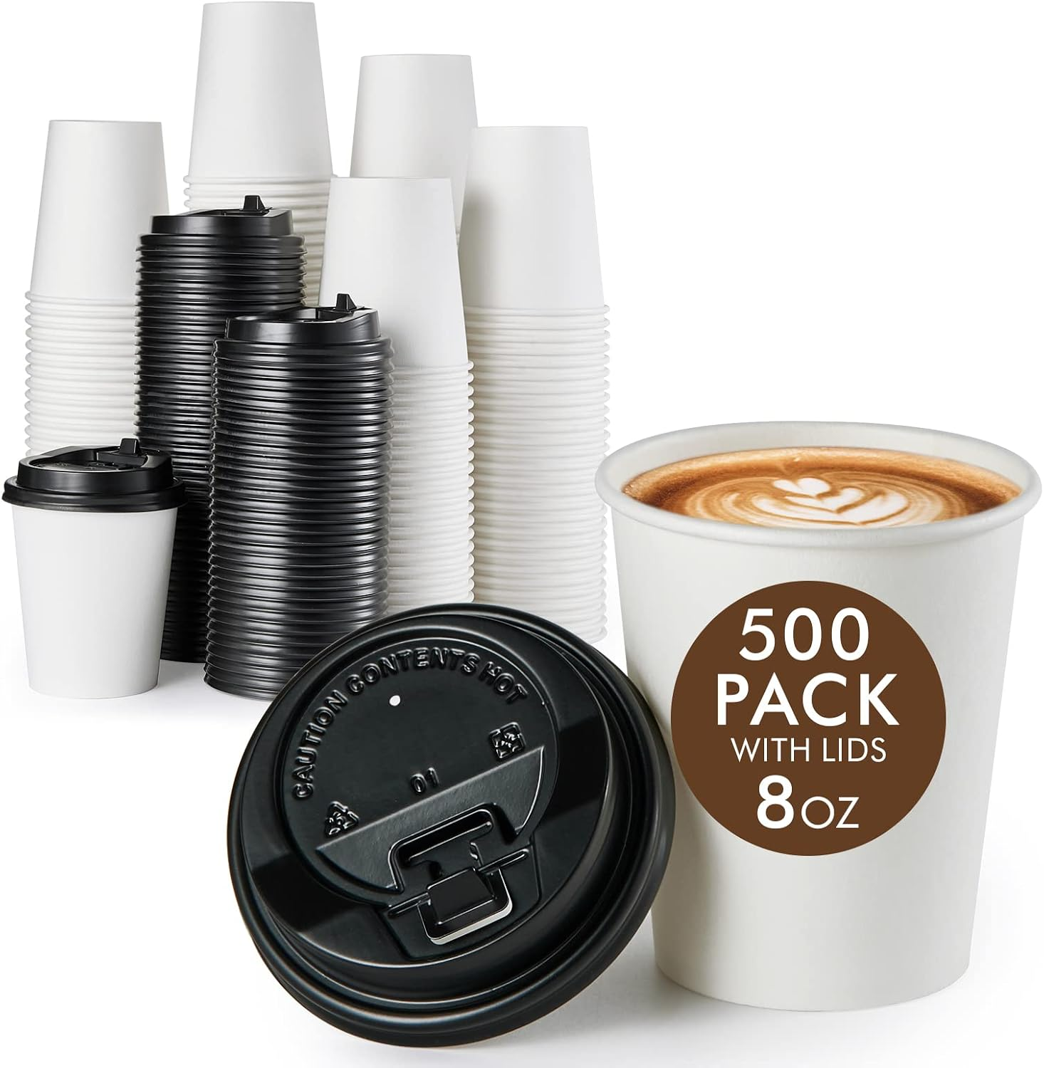500 Pack 8 OZ Paper Coffee Cups with Lids, Disposable Paper Cups