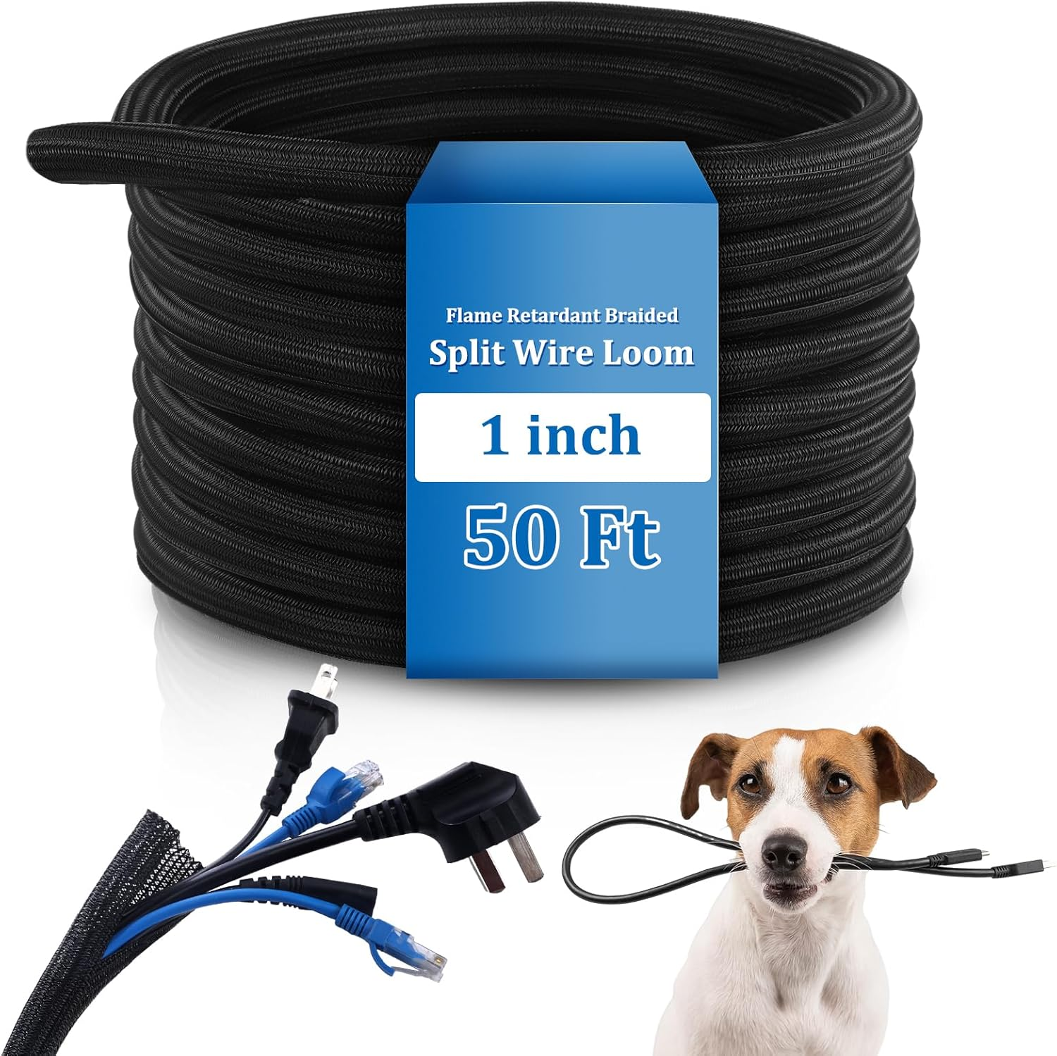 50Ft Split Wire Loom Tubing Flame Retardant Braided Cable Sleeve Split High Temperature Cable Conduit Auto Wire Conduit for Industrial Electrical Tinsel Automotive Marine(50 Ft, 1