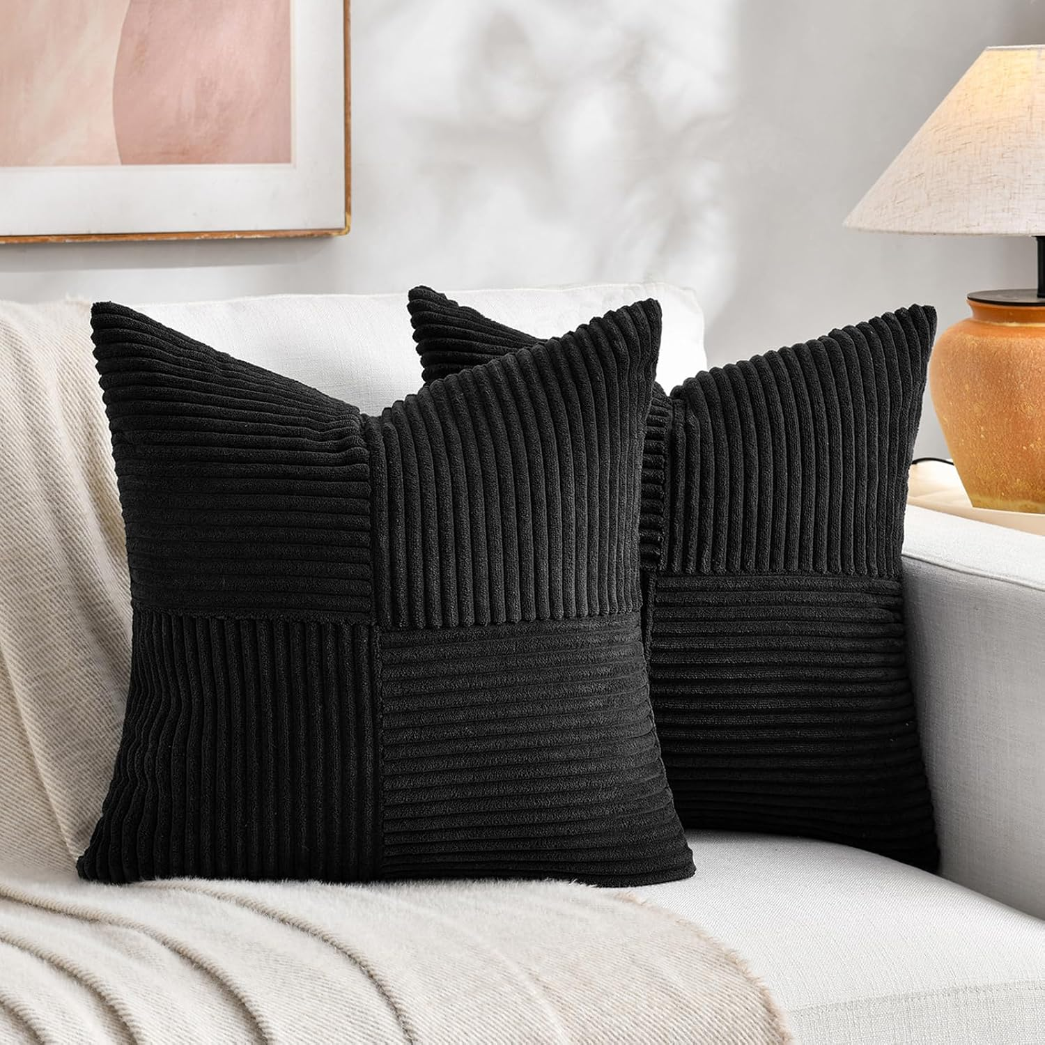 2 Packs Black Decorative Throw Pillow Covers 18x18 Inch for Living Room Couch Bed Sofa, Rustic Farmhouse Boho Home Decor, Soft Corss Corduroy Patchwork Textured Square Cushion Case 45x45 cm