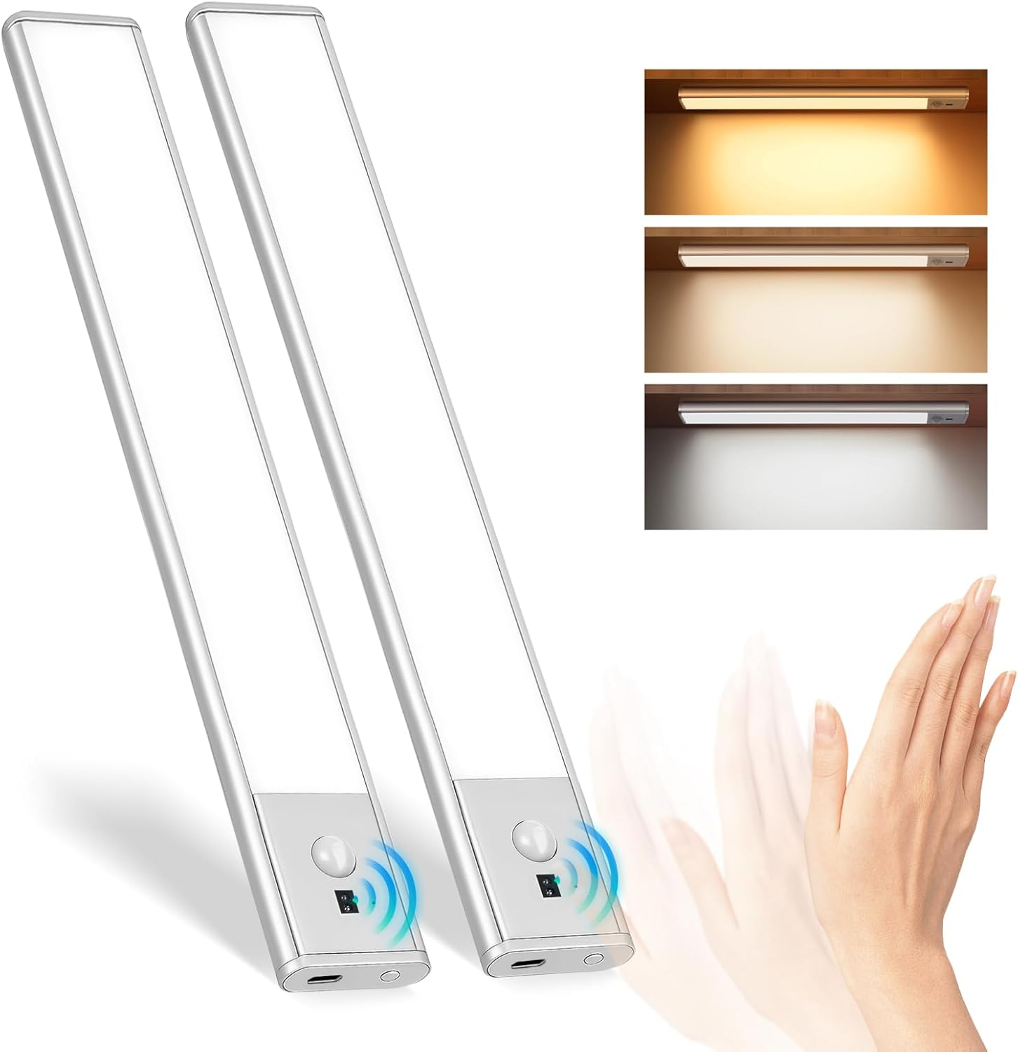 11.8 Inch under Cabinet Lighting with Hand Wave, 78 LED Motion Sensor Light, Rechargeable Closet Lights with 3 Color Temps, Dimming Magnetic Strip Night Lights for Kitchen, Wardrobe, Stairs (2 Pack)