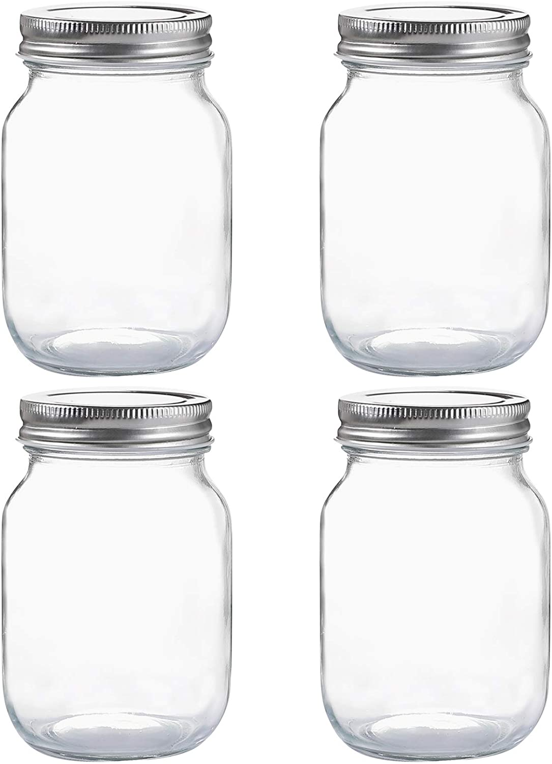 Glass Regular Mouth Mason Jars 16 Oz Clear Silver Metal Lids Food Storage 4PACK