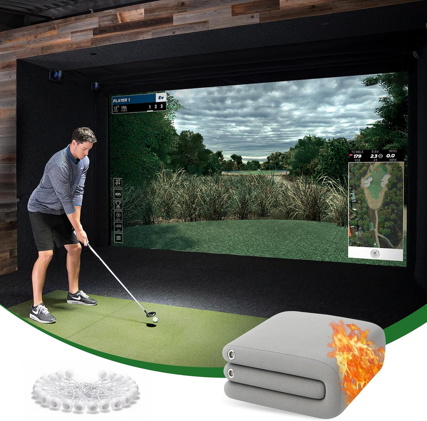 Gray Fireproof Golf Simulator Impact Screen, 3D Air Mesh Impact Screen for Golfs Training Indoor/Outdoor, HD Golf Hitting Screens for Home Practice with Grommet Holes & Bungee Cords