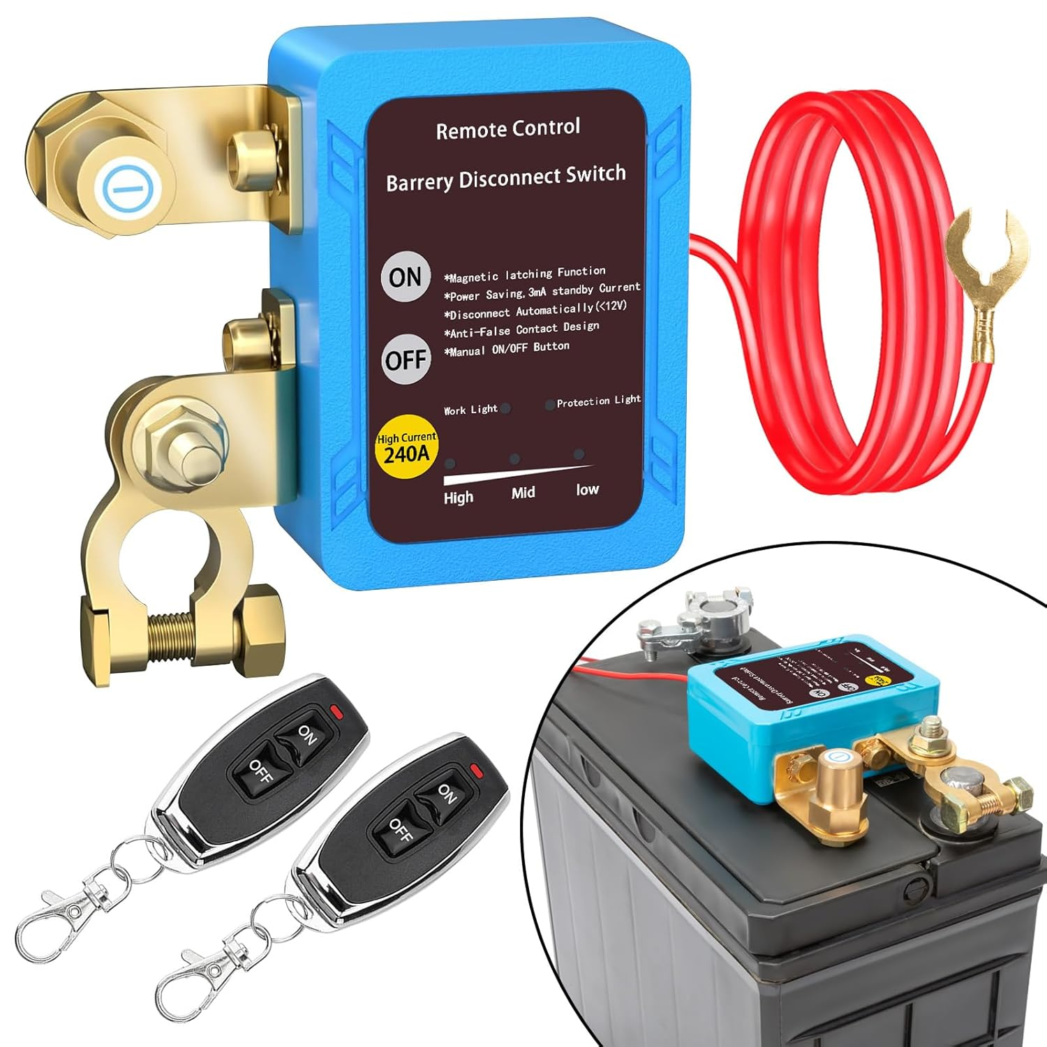 Remote Battery Disconnect Switch 12V, 240A, Upgrade Smart Voltage Car Kill Switch Anti-Theft, Prevent Battery Drain, Remote Battery Kill Switch for Car, Truck, RV (Flat Installation)