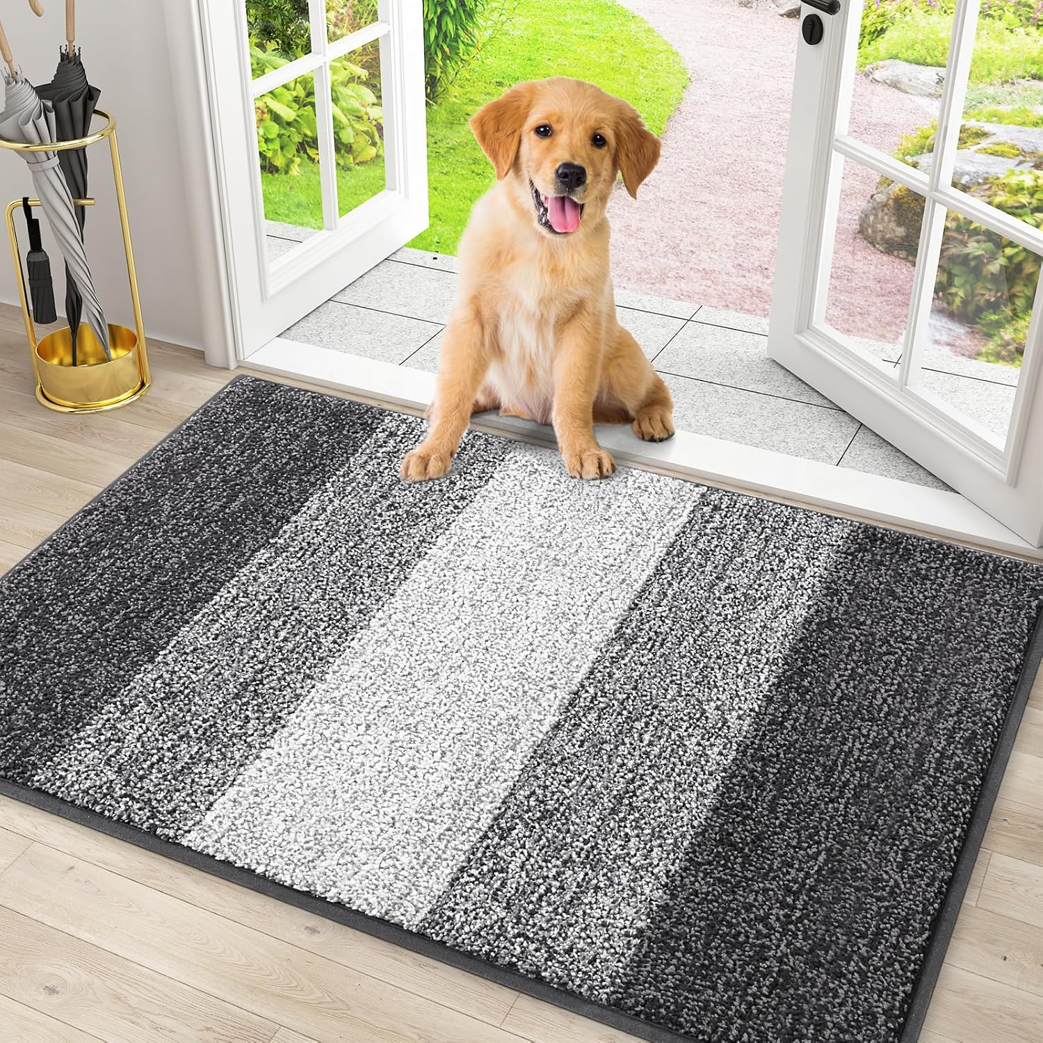 Dog Door Mat for Muddy Paws, Absorbs Moisture and Dirt, Low-Profile Entryway Mat with Non-Slip Backing, Entry Indoor Outdoor Doormat for Inside Floor (30x20 Inches, Grey, Striped