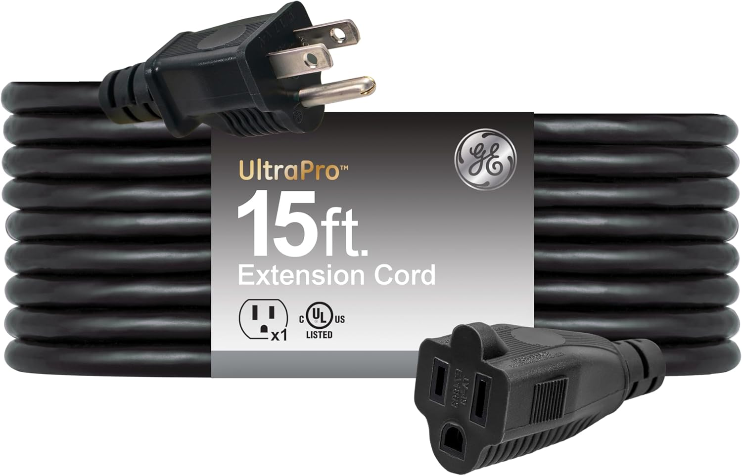 15 Foot Extension Cord, Heavy Duty, 16AWG, Indoor/Outdoor Use, for Workshops, UL Listed, Black, 50369, ft