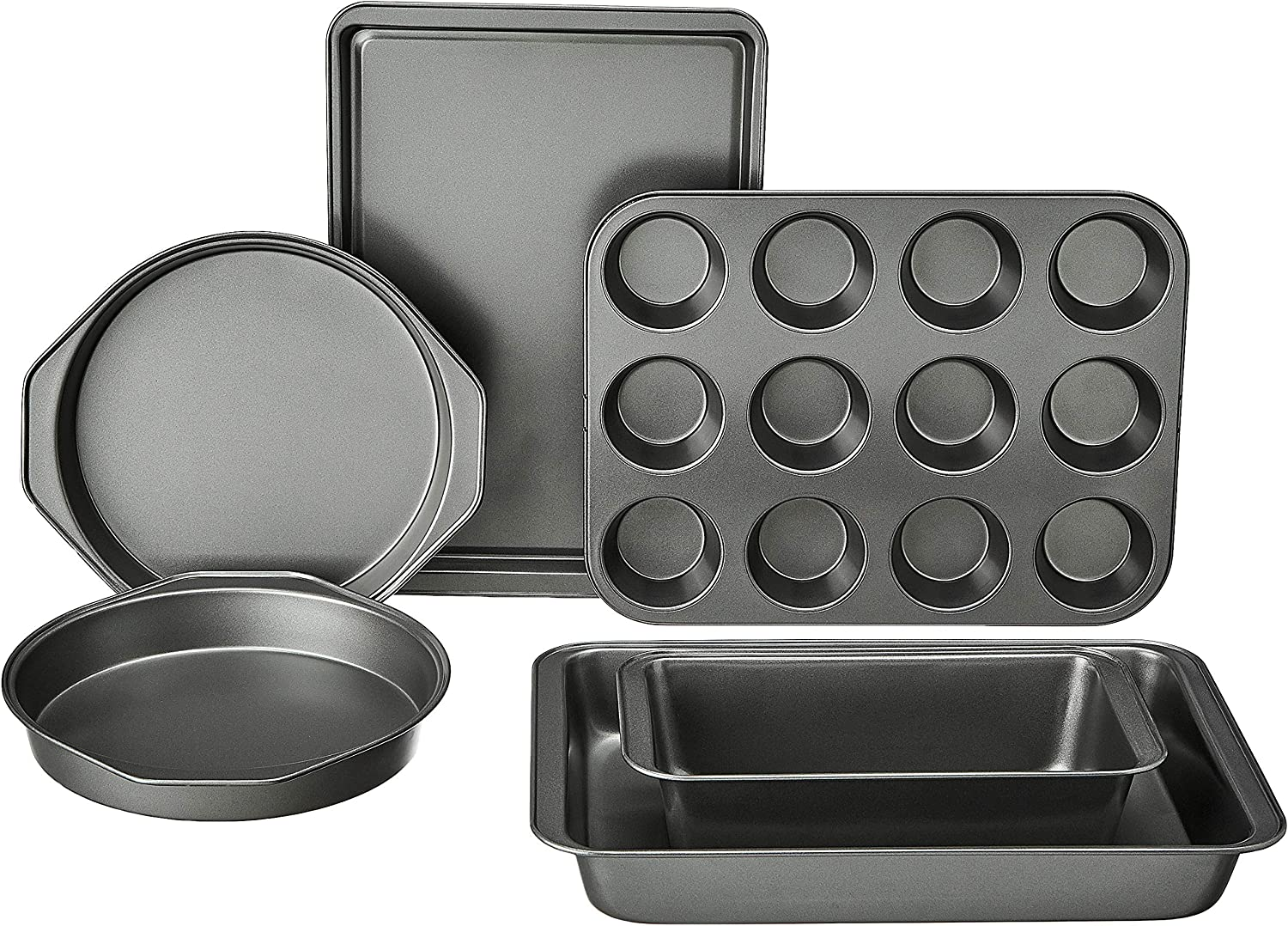 6 Piece Nonstick Carbon Steel Bakeware Set with Cake, Muffin, Cookie, and Loaf Pans, Easy Release, Oven Safe, 16.25 X 11.75 X 6.25 Inches