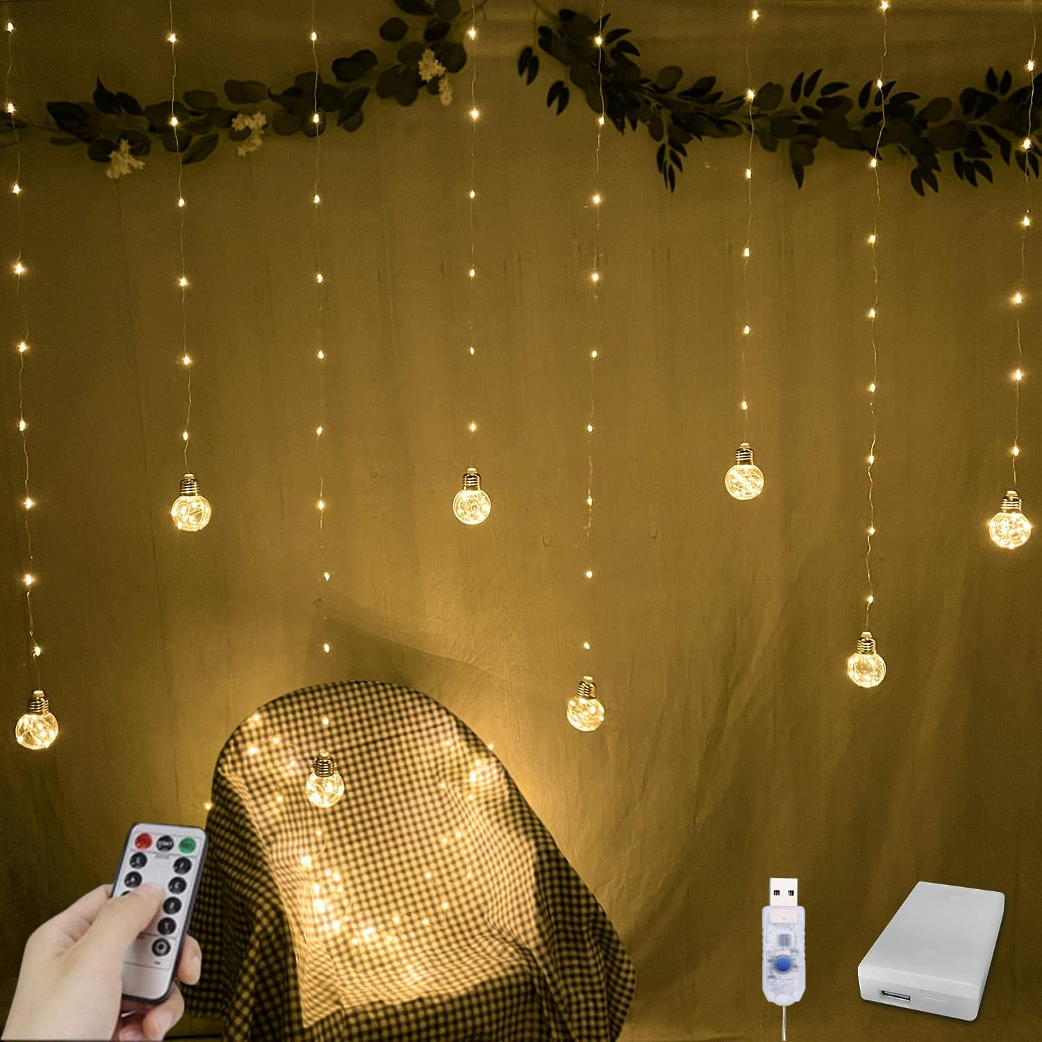 Luces de cortina con doscientos led para ventana control remoto y usb blanco
