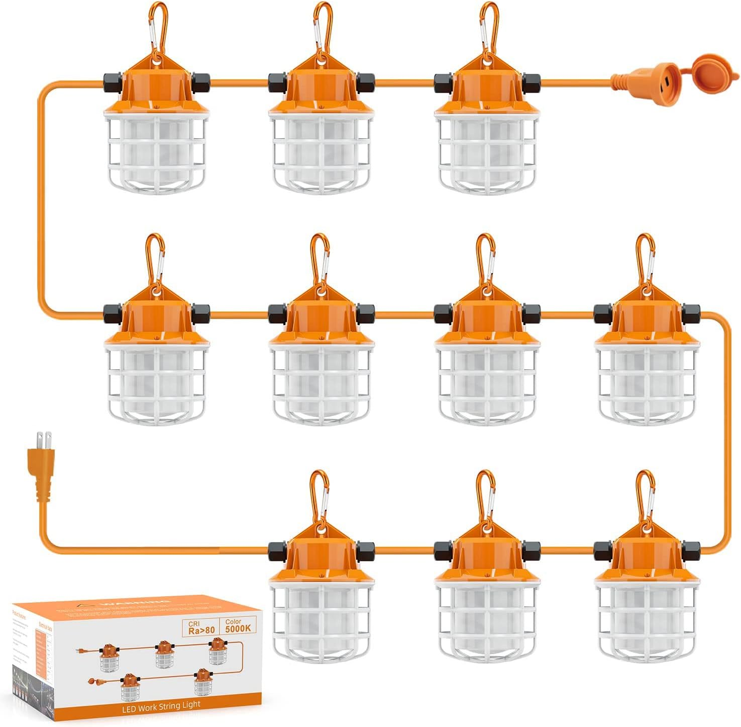 100FT Cotruction String Lights 150W LED Industrial Grade 15000LM 5000K IP65 Linkable for Cotruction Sites, Temporary Work, Renovation, Jobsite,All Outdoor Lighting, with 10 Bulbs and Hook