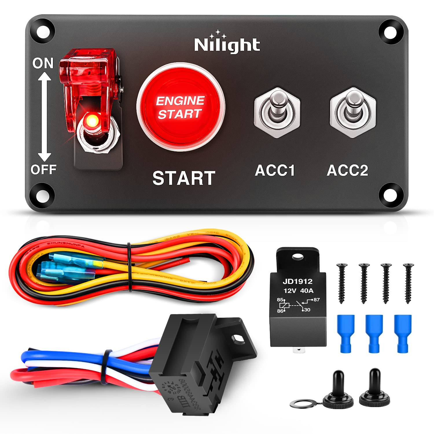 Nilight Ignition Switch Panel 12V 4 in 1 Rocker Switch with Engine Push Button Toggle Switches with Relay Wiring Harness LED for RV Truck Racing Car Boat Marine Trailer