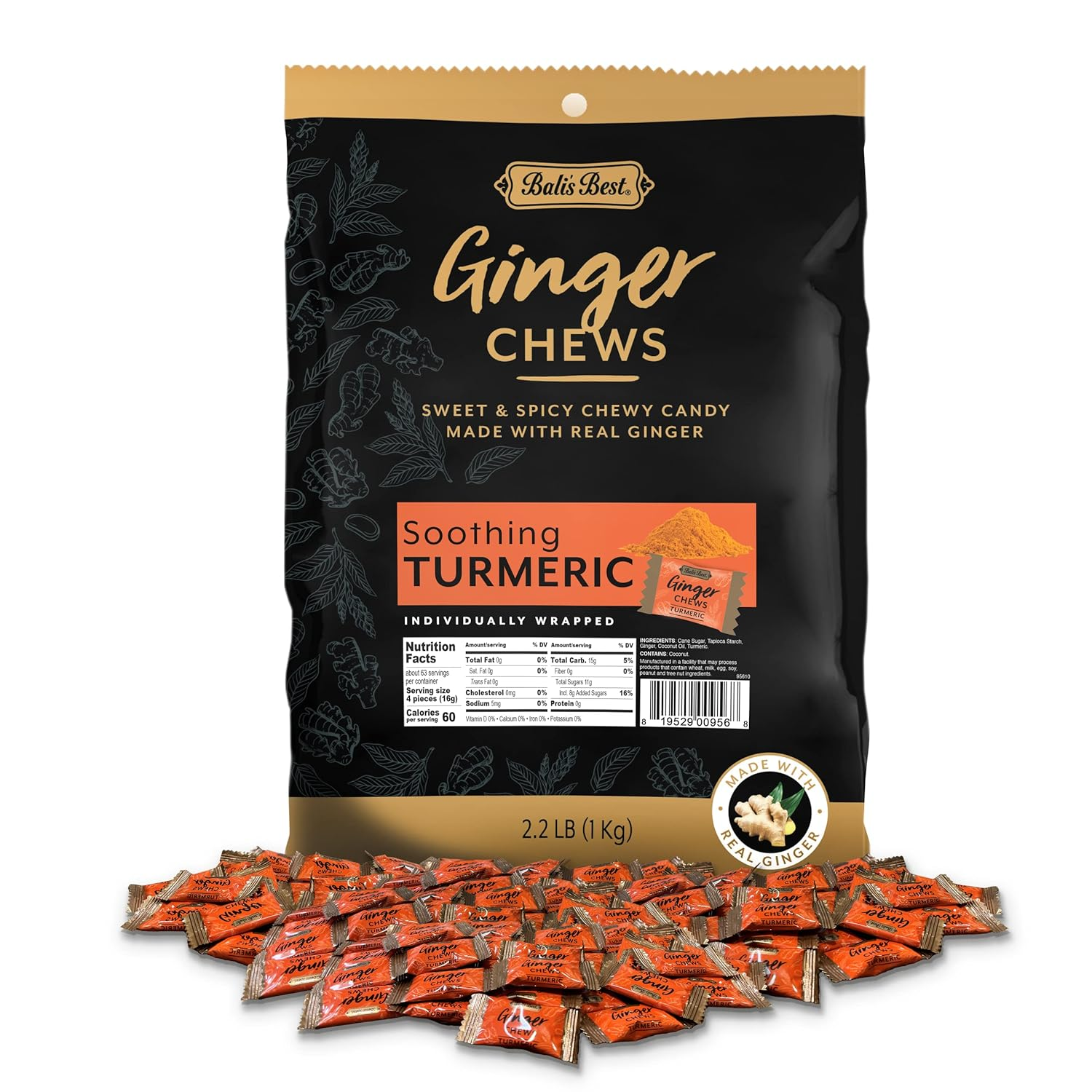Ginger Chews - Soothing Turmeric Flavor (2.2 LB Bulk Bag) 100% Real Ginger, S...