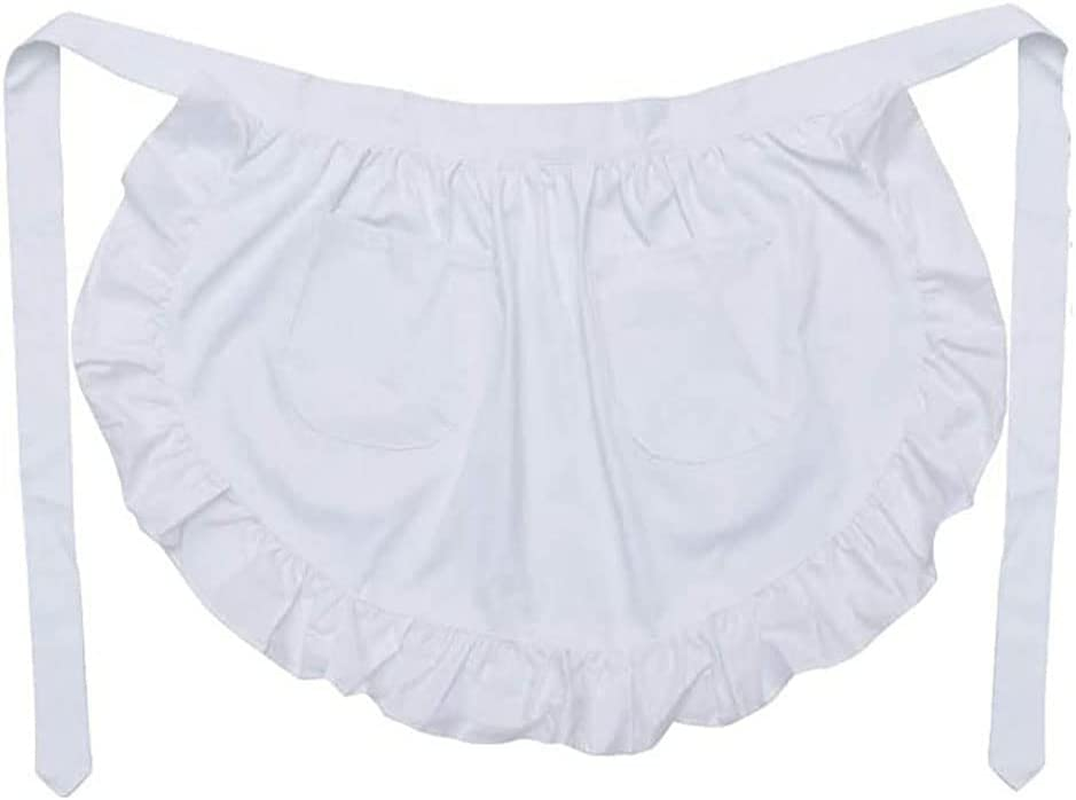 Women'S Waist Apron with Two Pockets Half Apron Waitress Servant Costume Aprons for Kitchen Cooking Restaurant Coffee Shop (White)