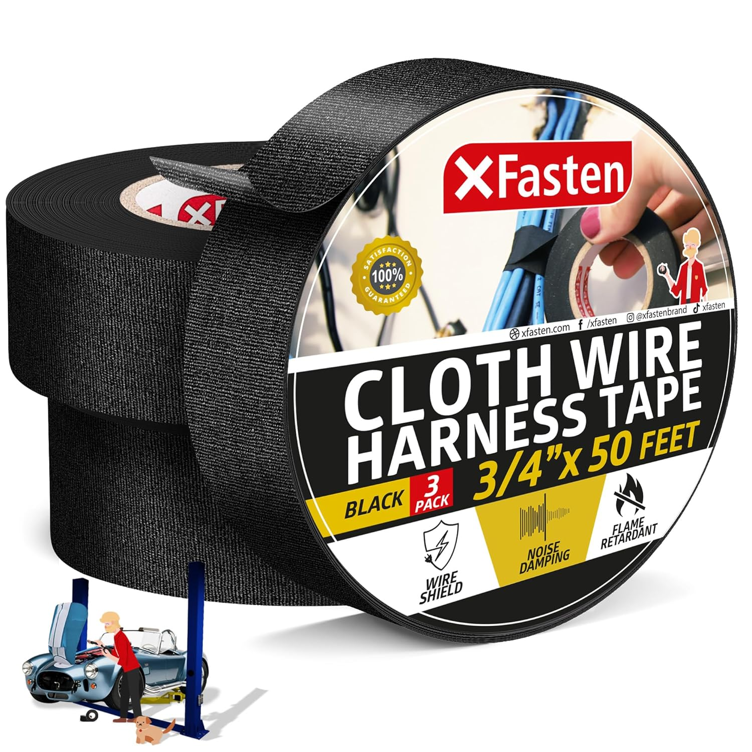 Xfasten Wire Harness Tape, 3/4-Inch X 50-Foot (3-Pack), High Temp Wiring Loom Harness, Self-Adhesive Felt Cloth  Tape for Automotive Engines, Noise Dampening, and Cable Protection