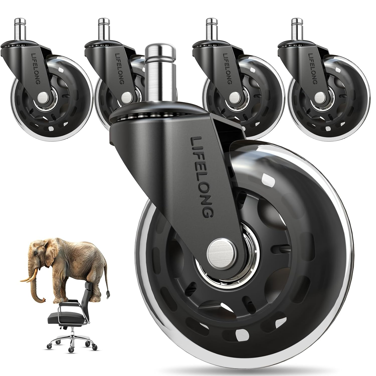 Office Chair Wheels Replacement Rubber Chair Casters for Hardwood Floors and Carpet, Set of 5, Heavy Duty Casters for Chairs to Replace Office Chair Mats - Fits 98%
