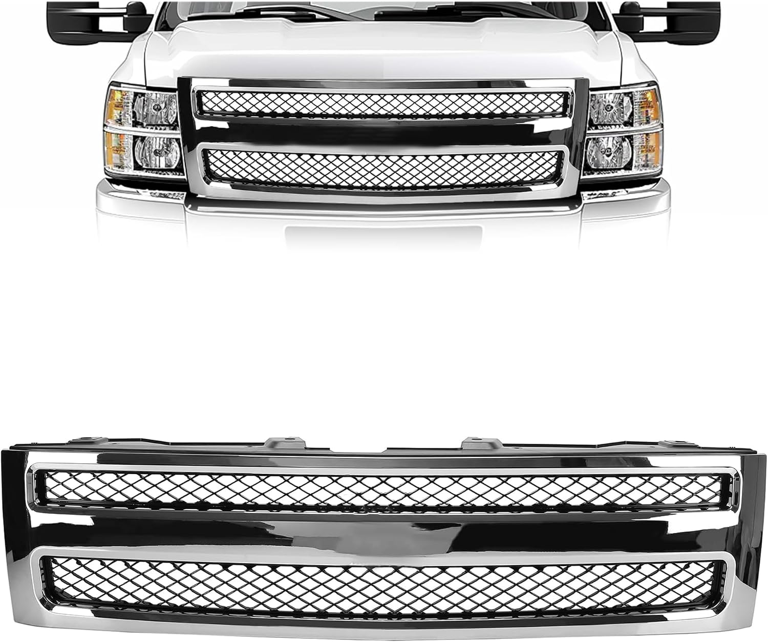 Front Grille Compatible with 2007-2013 Chevrolet Chevy Silverado 1500 Pickup Truck 25810707 GM1200572 Bumper Grill Plastic Chrome Silvery