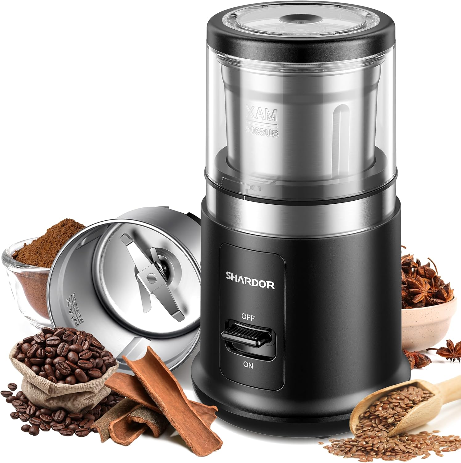 One Touch Coffee Grinder Electric, Spice, Herb, for Coffee Bean Spices and Seeds with 1 Removable Stainless Steel Bowl, Dry Grinder, Black