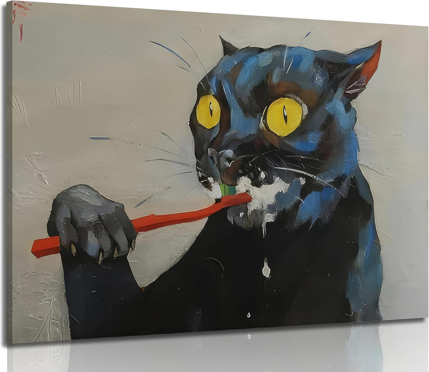 Funny Black Cat Brushing Teeth Canvas Wall Art Vintage Bathroom Cat Painting Pictures Wall Decor Eclectic Cat Brushing Animal Poster Prints for Bathroom Toilet Scene Home Decoration