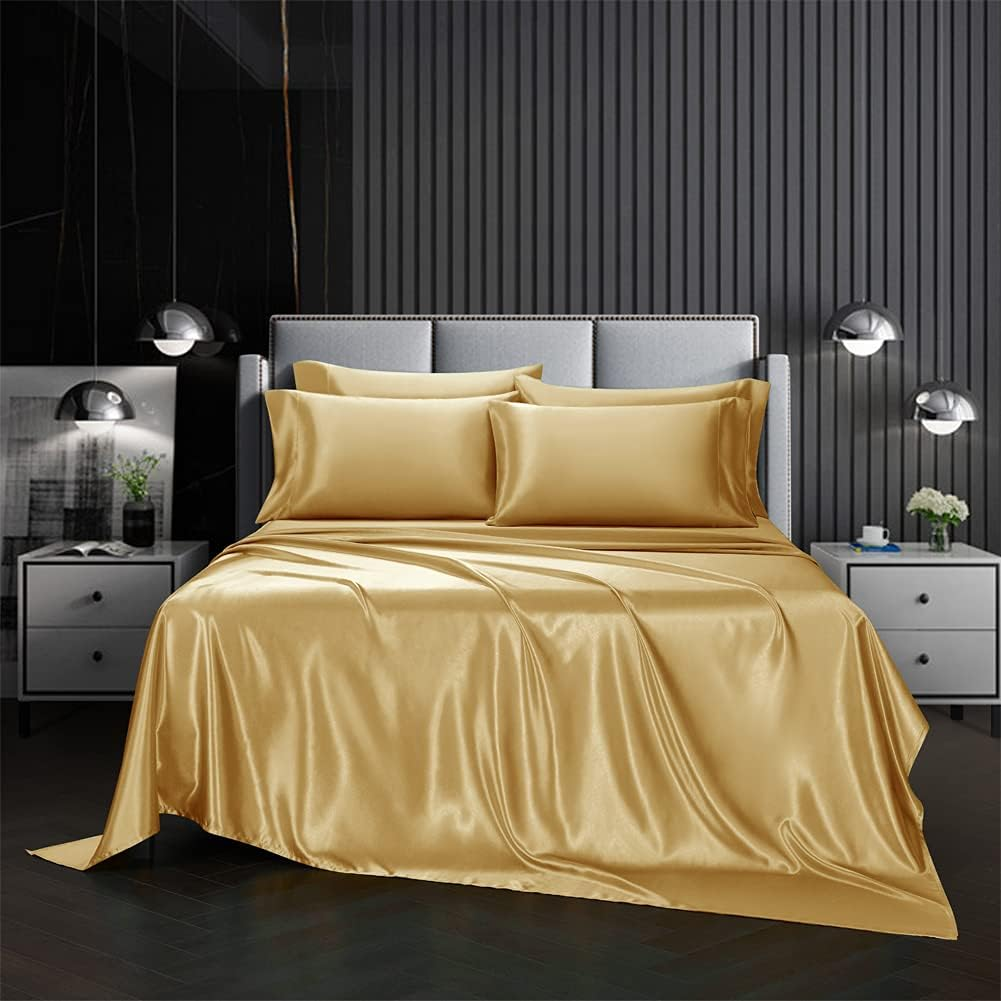 4 Piece King Size Satin Bed Sheet Set Deep Pocket Solid Golden Color Luxury Silky Super Soft 1 Flat Sheet 1 Fitted Sheet 2 Envelope Style Pillowcases Reversible Honeymoon (Golden, King 4Pc)