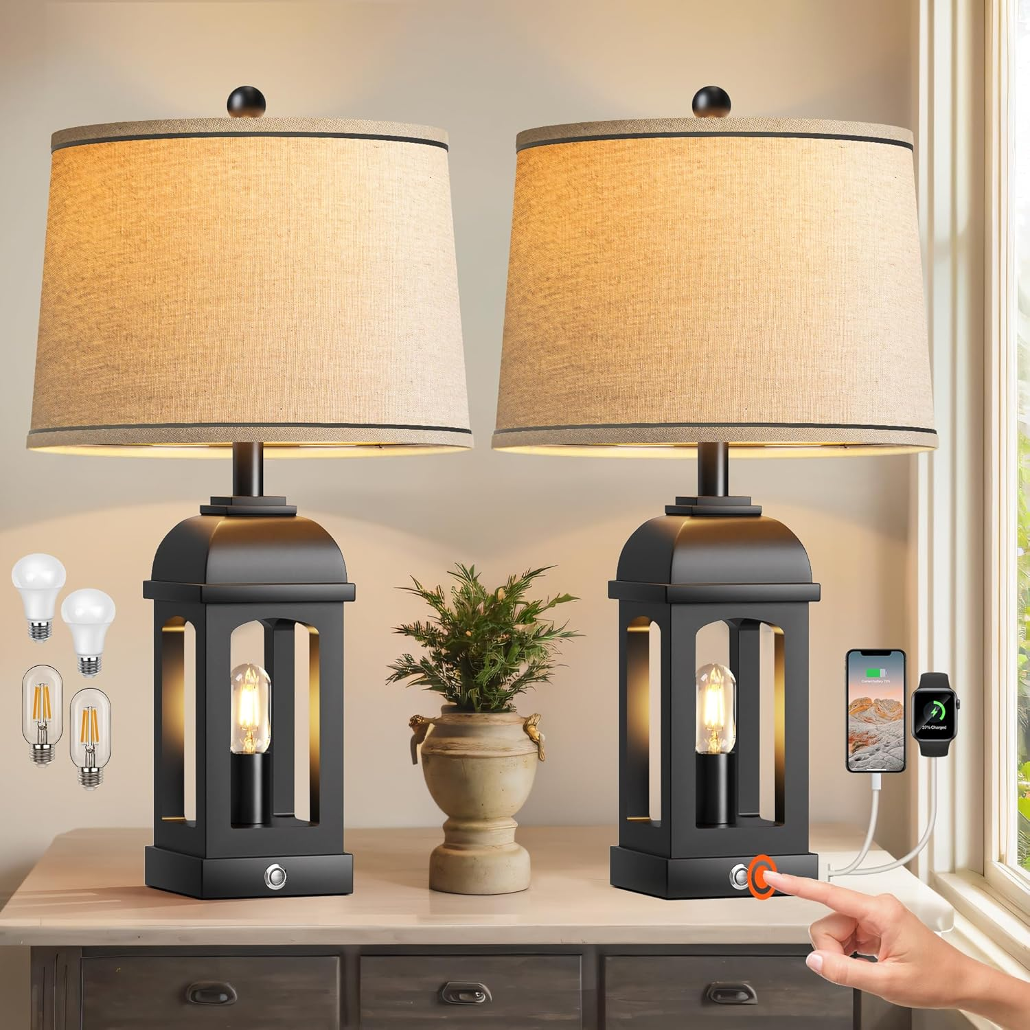 Table Lamp for Living Room Farmhouse Lamps Set of 2 with USB A+C and Nightlight