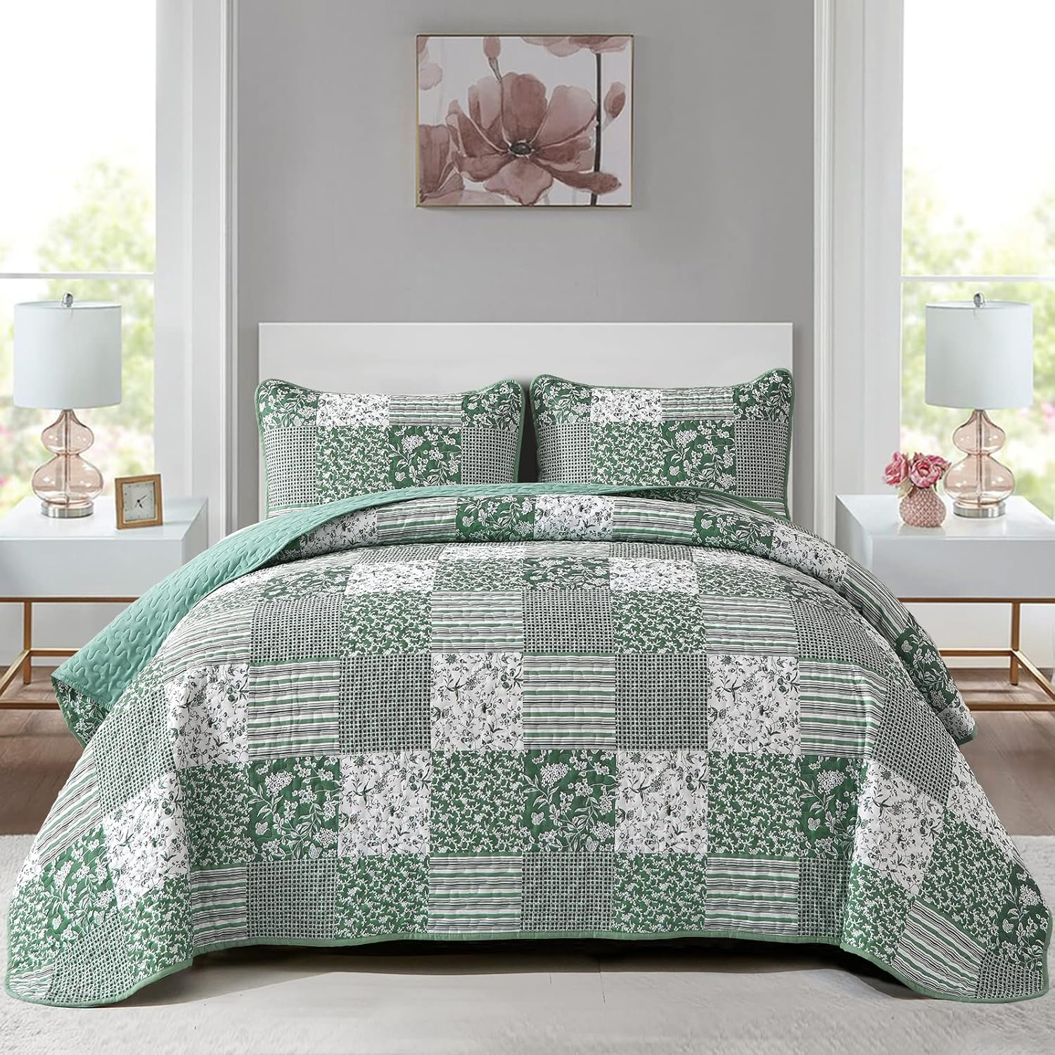 Sage Green Boho King Quilt Set, 3-Piece Reversible Soft Plaid Floral Bedding Set with 2 Pillow Shams - Sage Green King Size Quilt Bedspread Coverlet Set 90