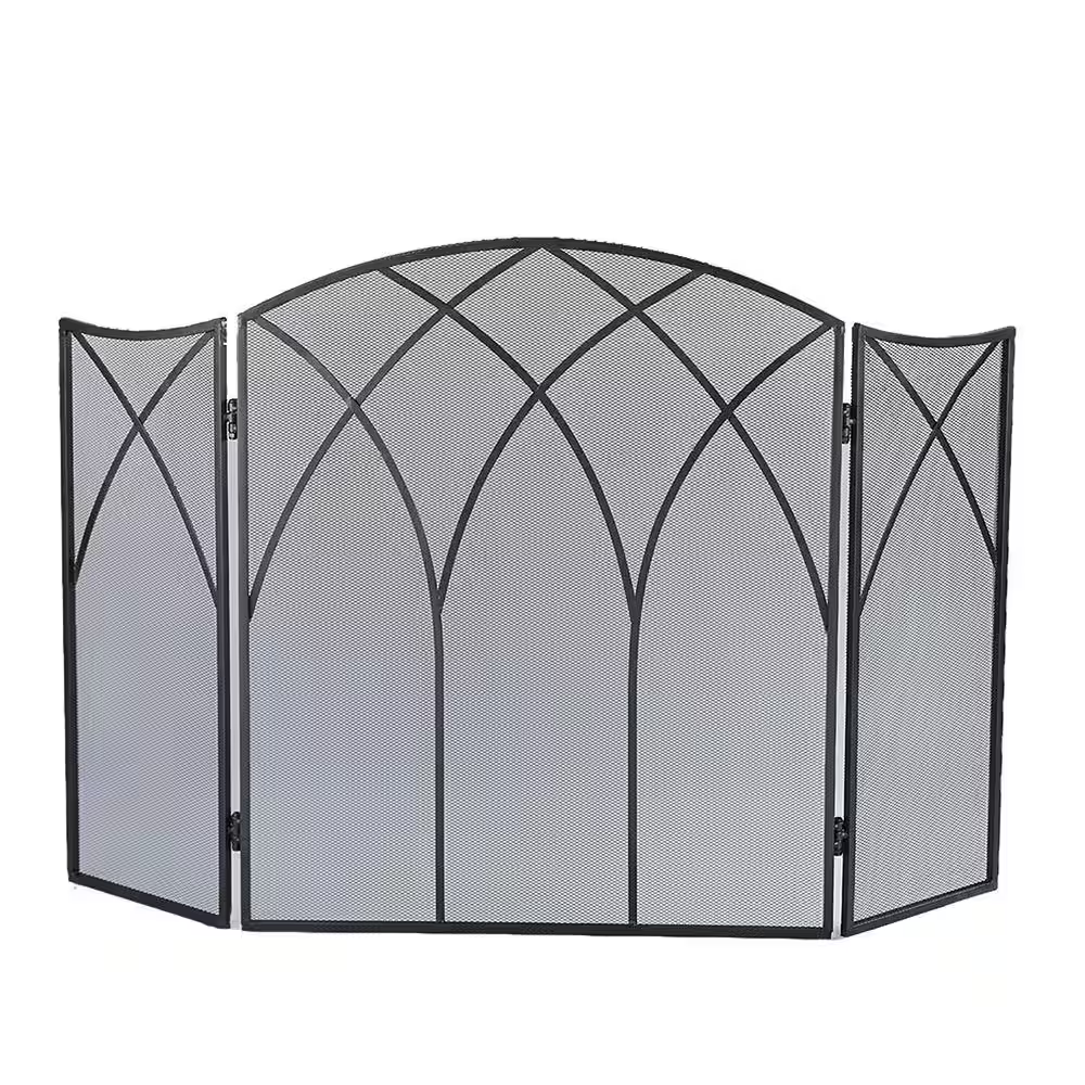 Gothic Black Steel 3-Panel Fireplace Screen