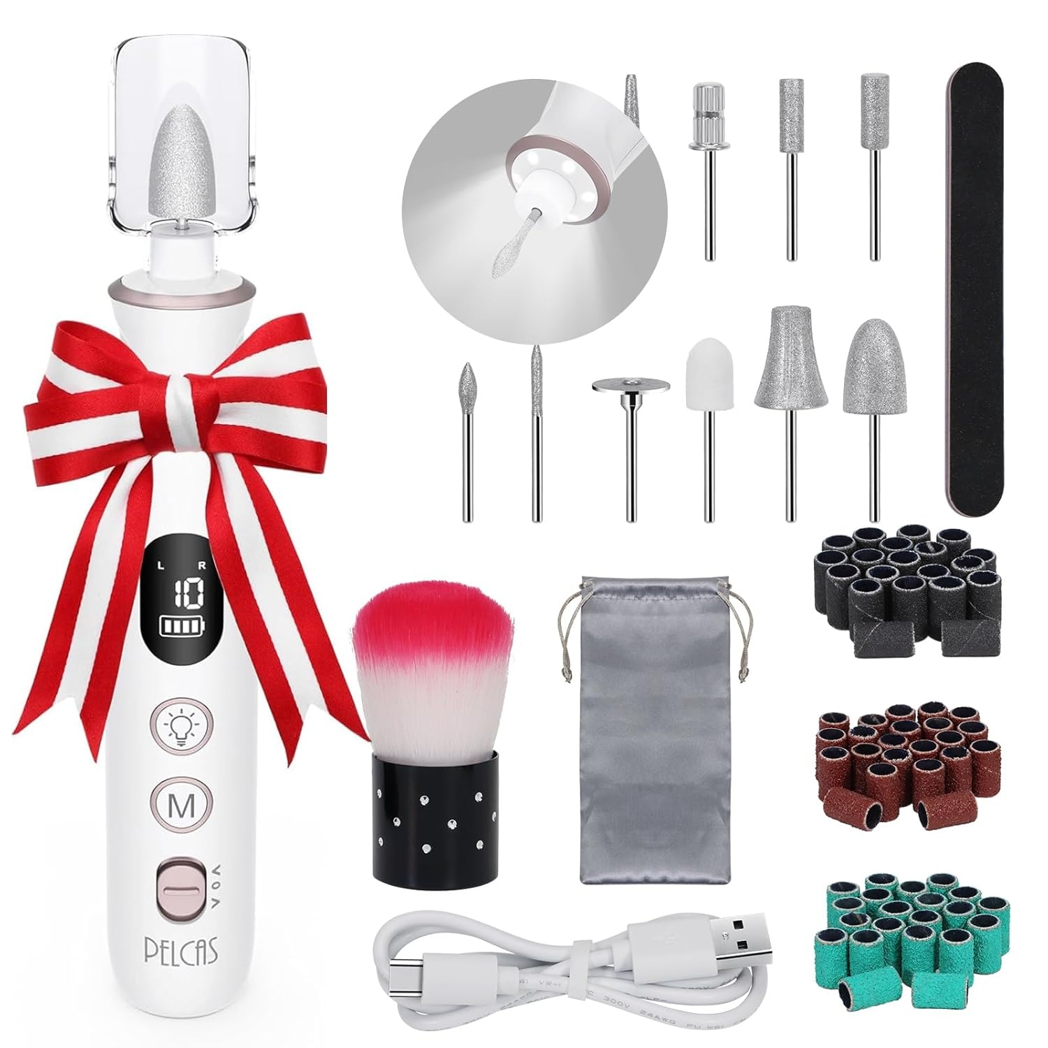 Electric Nail File, 10 Speeds Cordless Nail Drill with LED Light, Portable Manicure and Pedicure Kit, Nail Grinder with LCD Screen for Human, Pet, Thick Toenails, Natural & Acrylic Nails