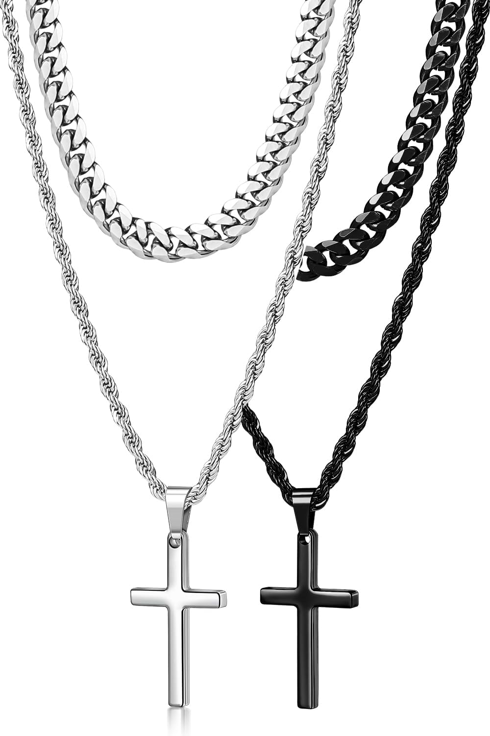 4Pcs Cross Necklace for Men,Stainless Steel Chains for Men Layered Necklaces Silver Gold Black Pendant Jewelry Box Gifts 18-24 Inches