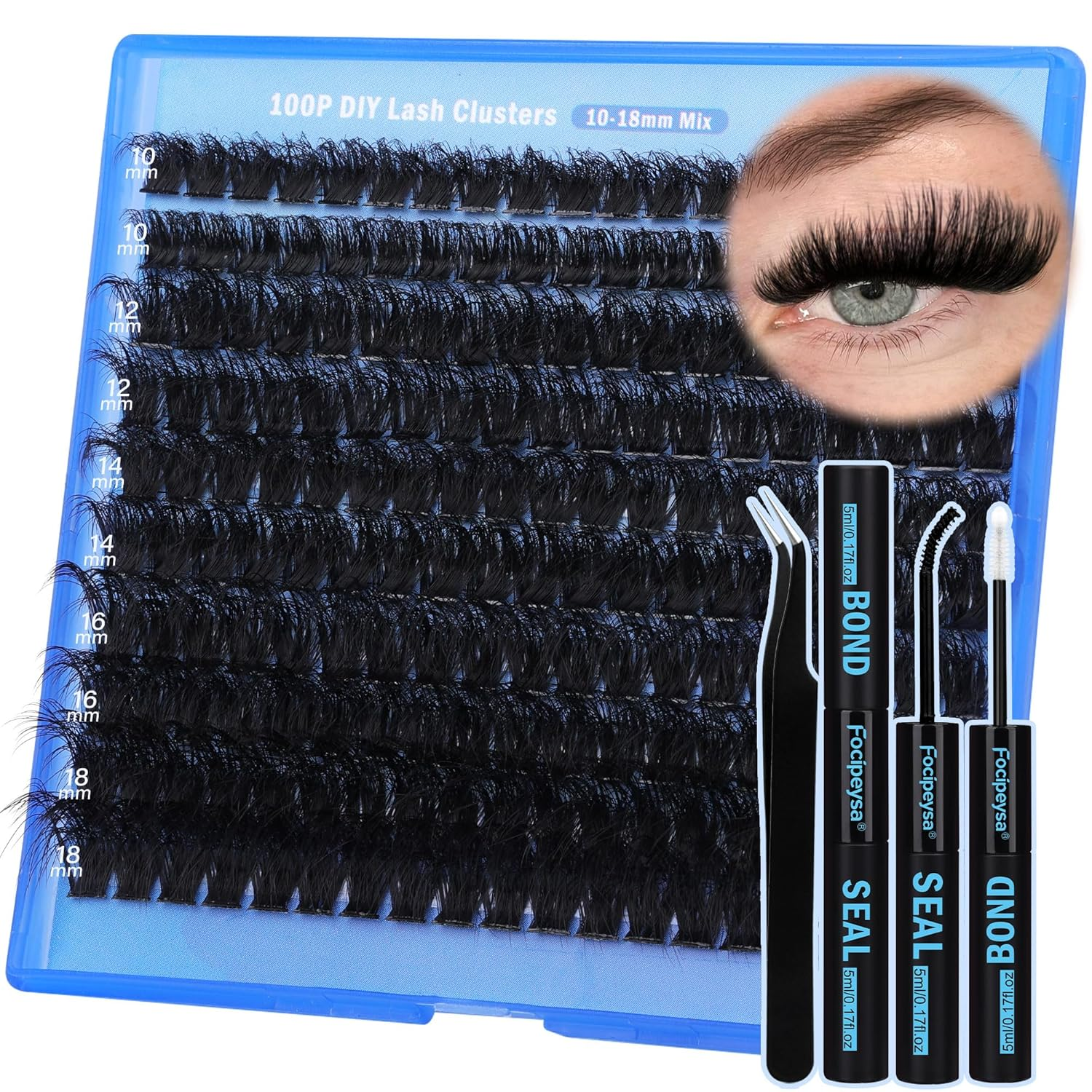 Thick Lash Extension Kit Full Lash Clusters 100P Eyelash Extension Kit DIY Lash Extension Kit with Bond and Seal Glue, Lash Applicator DIY at Home for Beginner (100P 10-18MM)