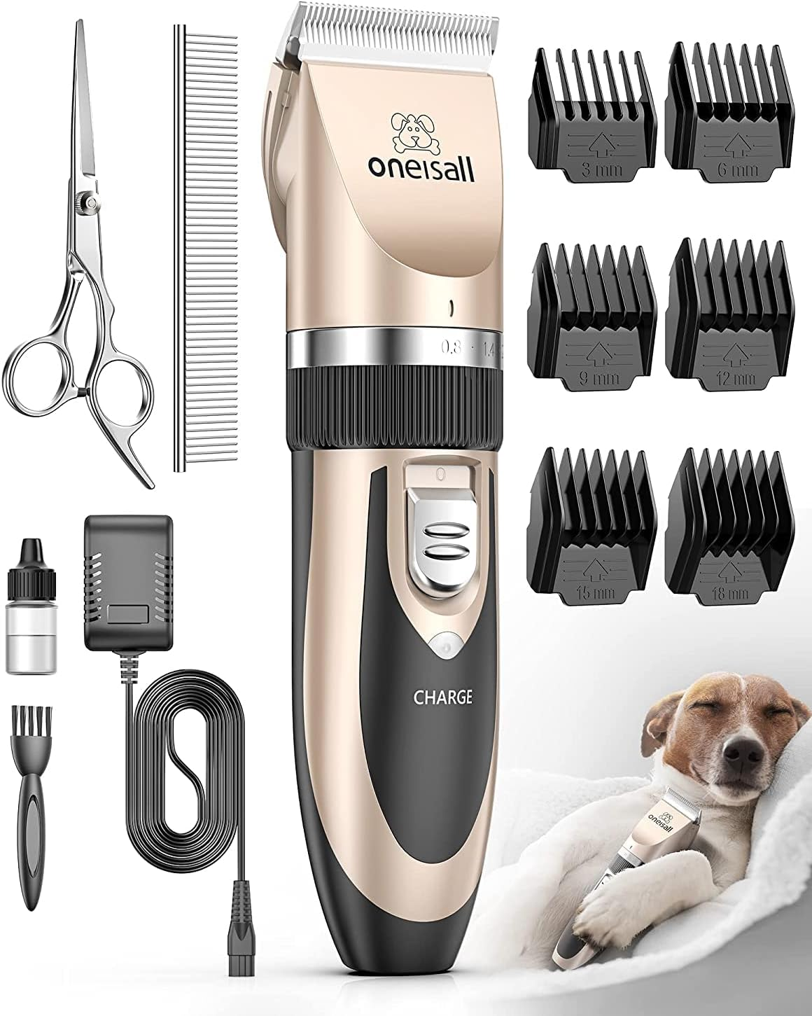 Oneisall Dog Clippers Low Noise, Dog Grooming Kit with Rechargeable, Pet Shaver Cordless Electric Quiet Hair Clipper Set for Dogs Cats Pets（Gold）