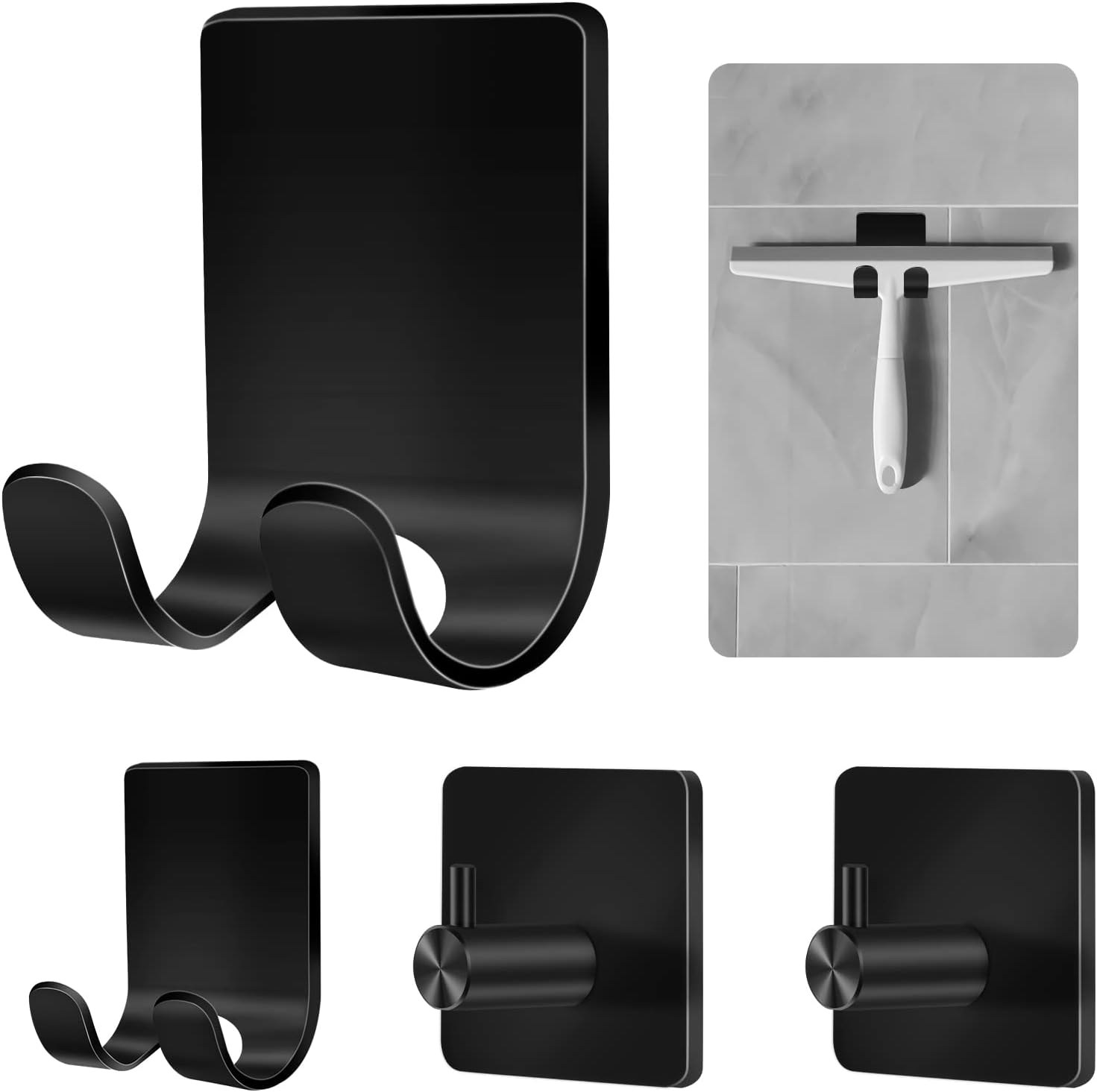 Shower Holders for Razors, 2 Pack Squeegee Holder and 2 Pack Razor Holder, Razors Holder for Shower Heavy Duty Waterproof Hook for Squeegee Loofah - Black