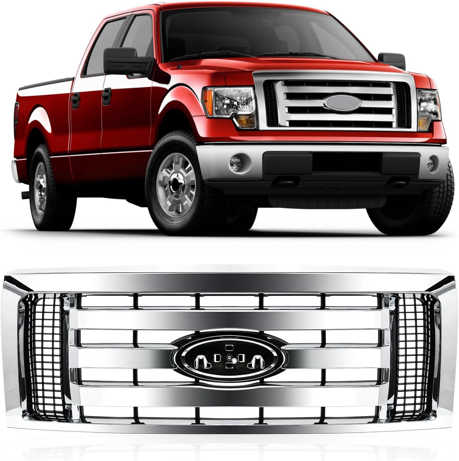 Front Bumper Upper Grill Fit for 2009-2014 Ford F150 XLT, Chrome | Replacement for 9L3Z8200A FO1200510, Grille Bumper Guard Cover for 2009 2010 2011 2012 2013 2014 F150 F-150, Chrome