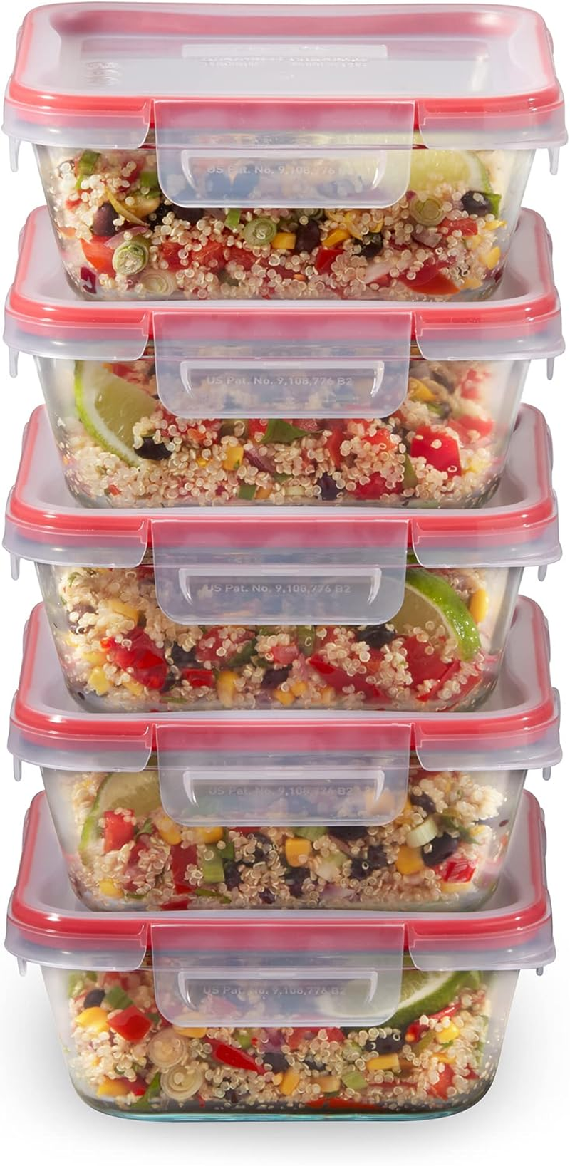 Pyrex Freshlock 5-Pack (4-Cup) Glass Food Storage Containers Set, Airtight & Leakproof Locking Lids, Freezer Dishwasher Microwave Safe