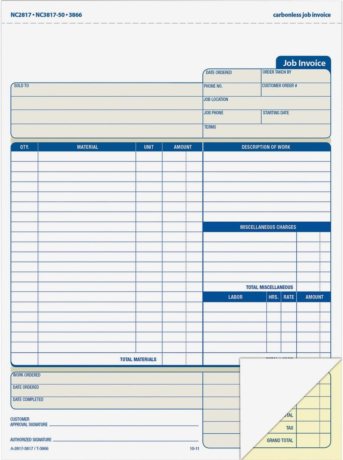 5 Pack Job Invoice Forms, 2-Part Carbonless, White, 8-1/2 X 11Inches, for Service and Repair Billing, 100 Individual Sets per Pack