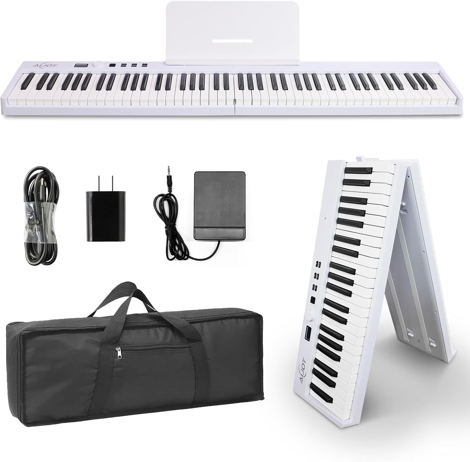 ASP-10F 88 Key Piano Keyboard with Semi-Weighted Keys Portable Folding Piano, 128 Tones, Speakers, USB-MIDI, Carry-Bag, Sustain Pedal, Stand Electric Keyboard Piano for Beginners, White