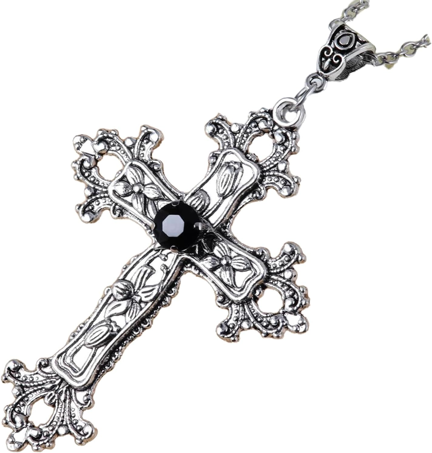 Large Gothic Cross Necklace Silver-Tone Pendant with Black Glass Stone, on 24