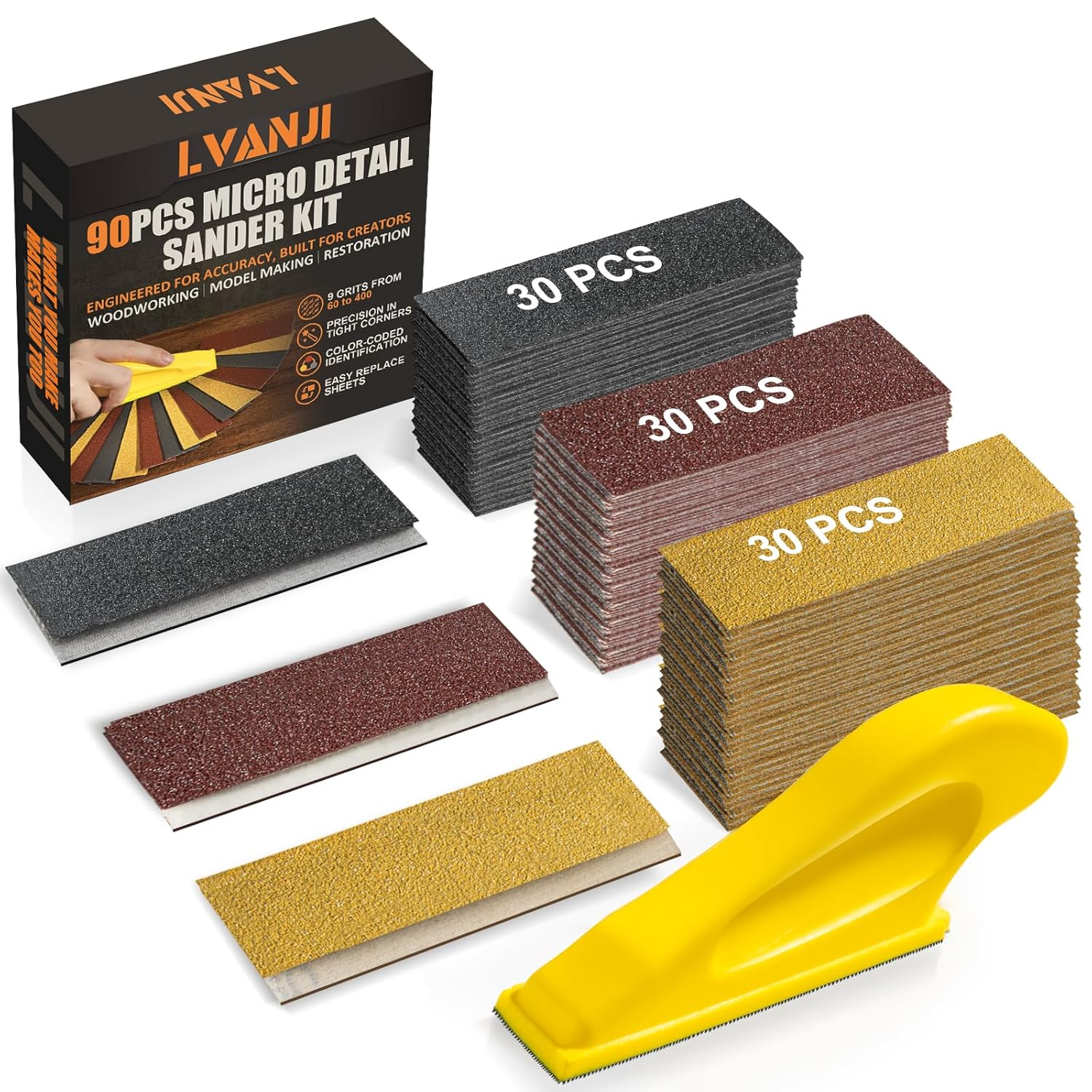 2026 Upgraded Cool Christmas Gift Ideas, LVANJI 90PCS Premium Micro Detail Sander Kit, 3-In-1 Mini Hand Sanding Block, 60-400 Grit Sandpaper for Wood Crafts, Tight Spaces, and DIY Polishing Projects