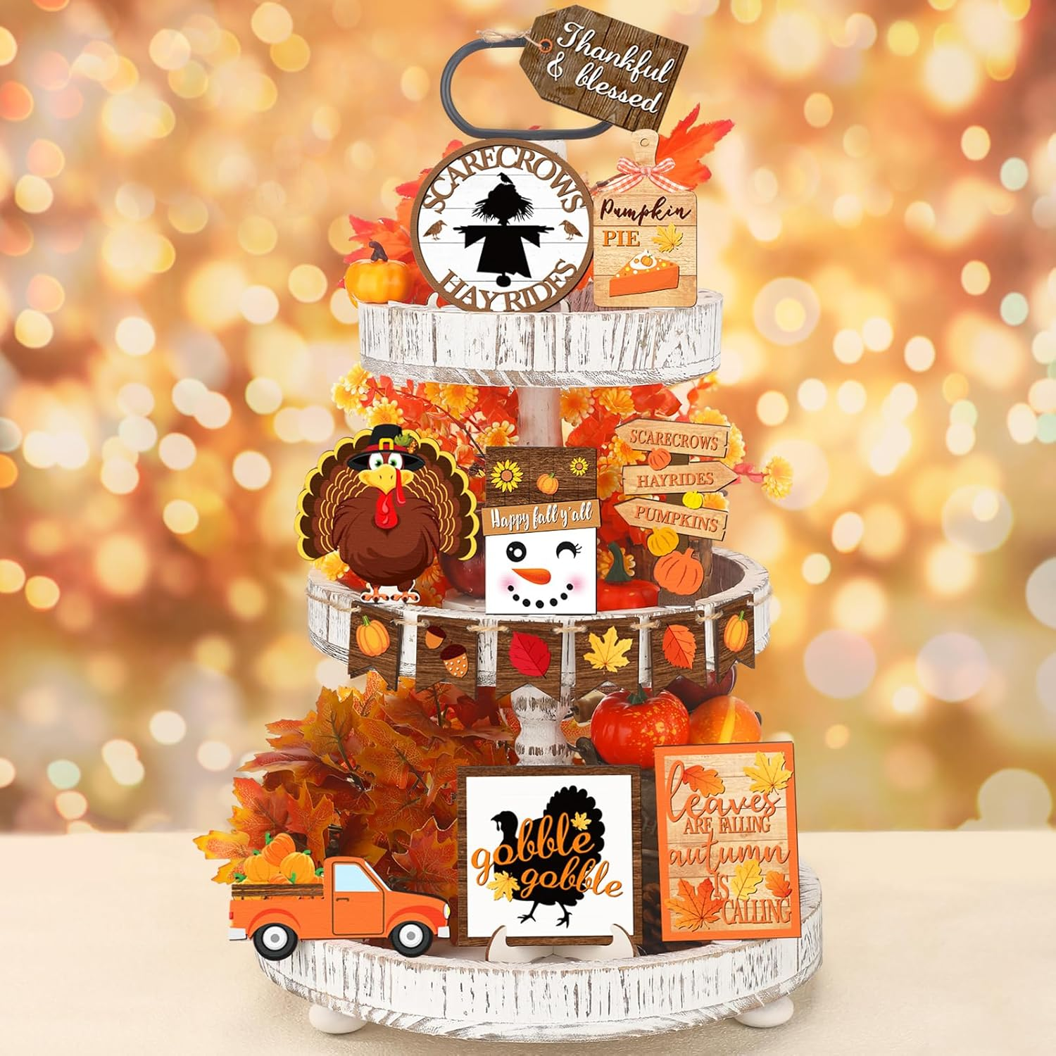 14 Pcs Fall Tiered Tray Decor Set Thanksgiving Fall Pumpkin Wooden Home Decorations Rustic Farmhouse Pumpkin Truck Wooden Sign Spice Blocks Autumn Wooden Sign for Festival Gift Tabletop